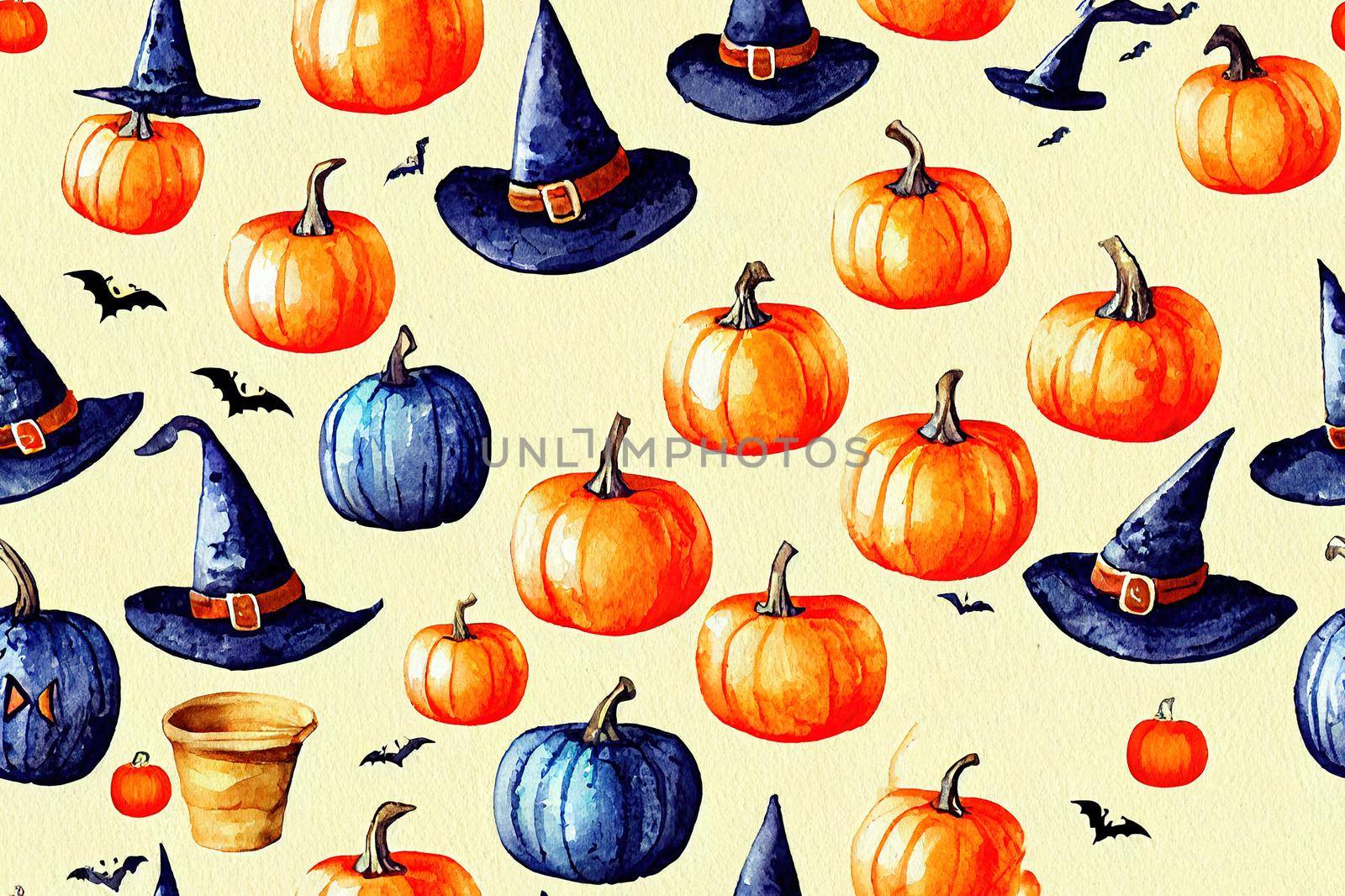 Hand painted Watercolor Halloween witch and treats Seamless Pattern