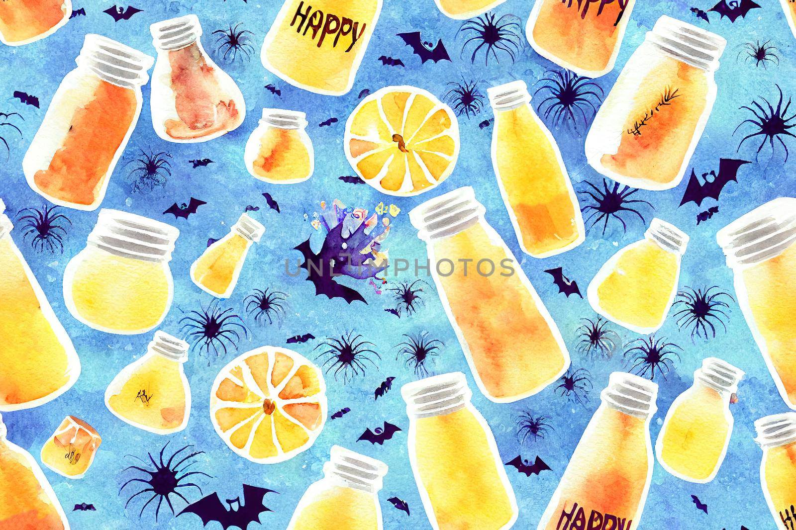 Happy Halloween seamless pattern background. Glass jars of potion, book and crystals. Watercolor illustrations