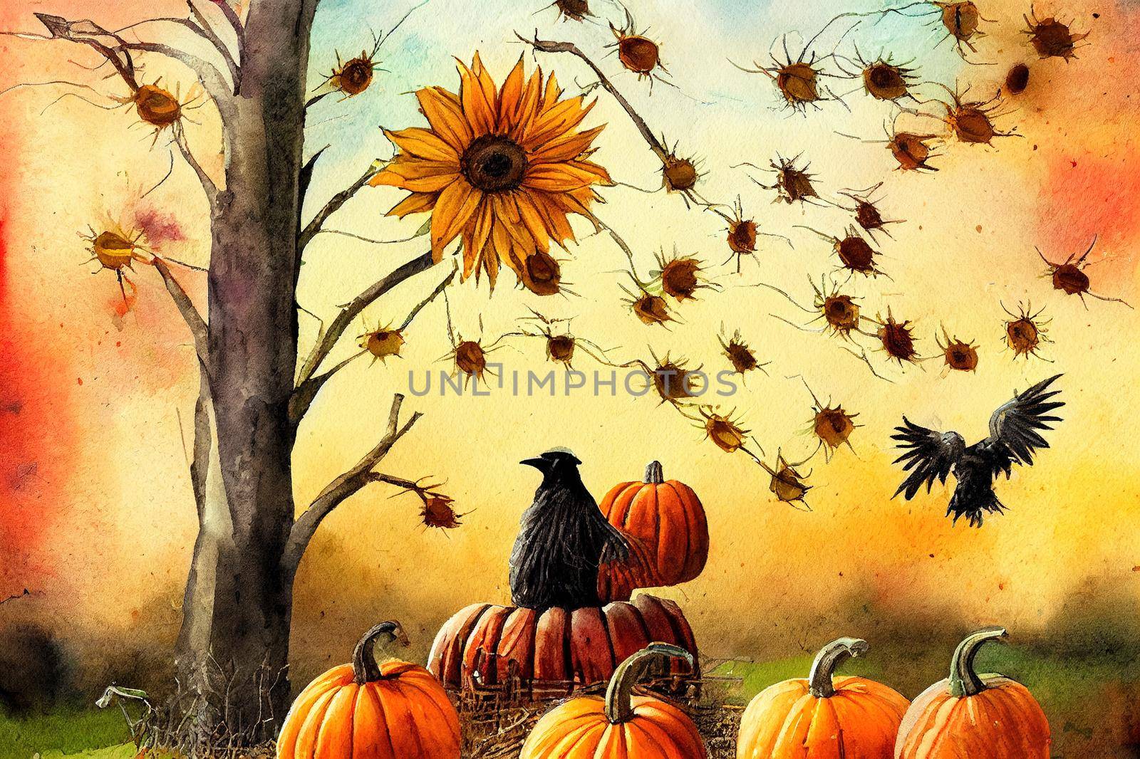 Watercolor farmhouse scarecrow illustration, Autumn harvest scene with scarecrow, pumpkin, sunflowers, whillbarrow, raven,pumpkin patch. Thanksgiving fall background, country graphics.