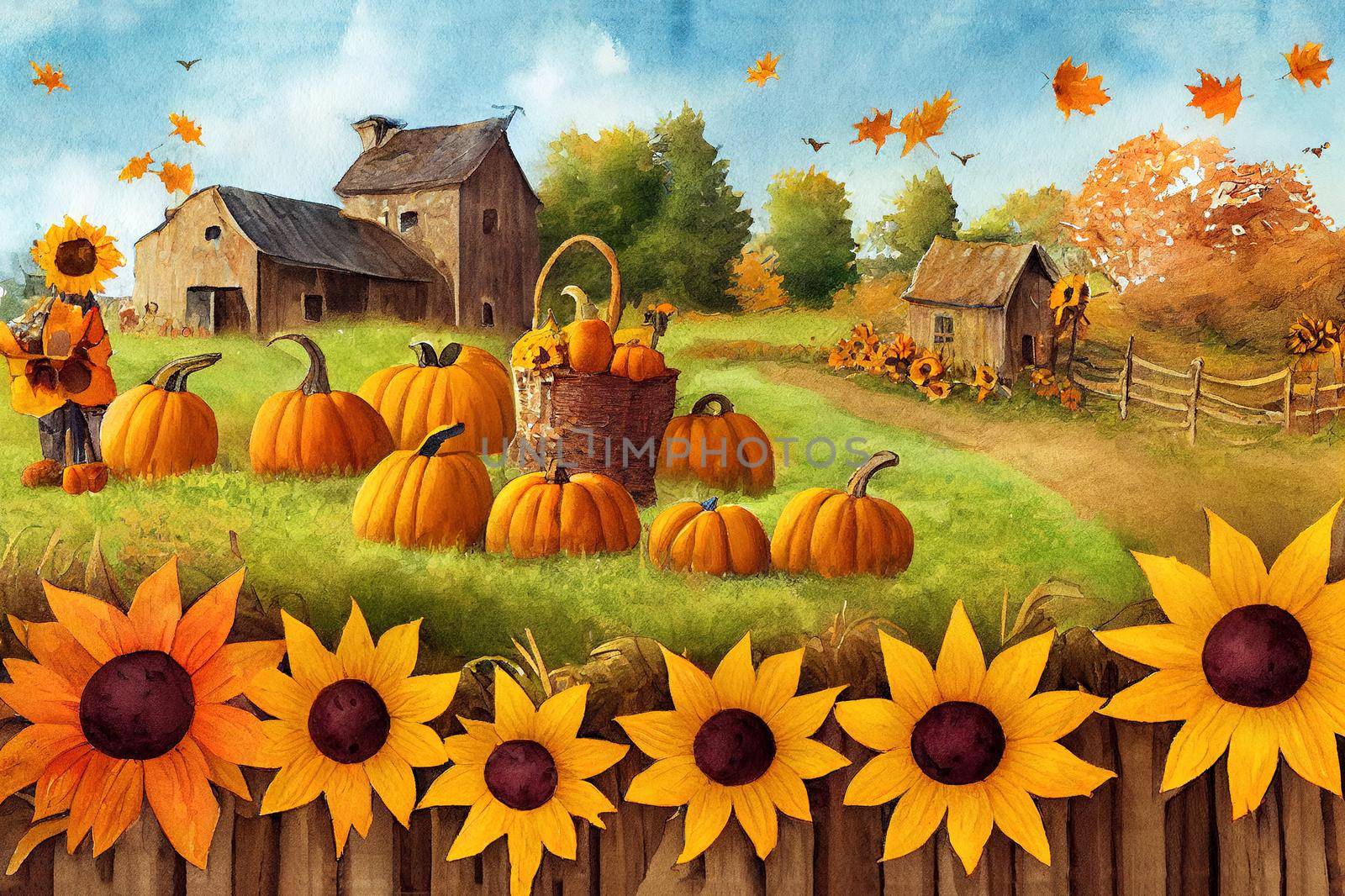 Watercolor farmhouse scarecrow illustration, Autumn harvest scene with cute scarecrow, pumpkin, sunflowers, fence, hay, raven,pumpkin patch. Thanksgiving fall background, country graphics.