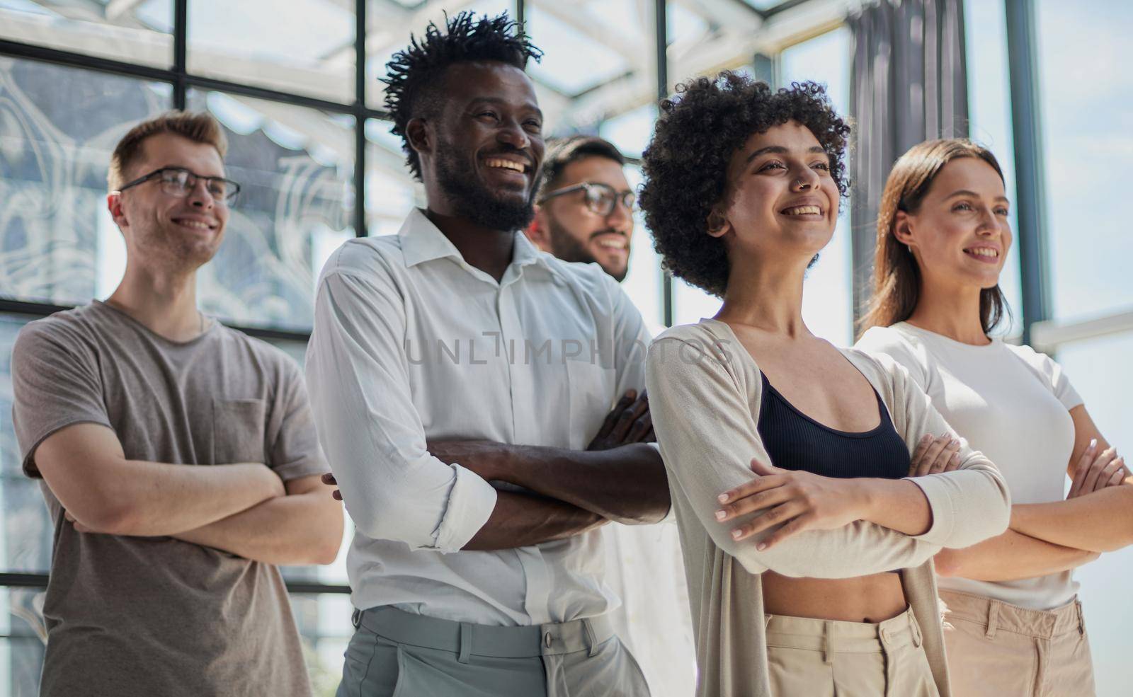 Face of beautiful woman on the background of business people