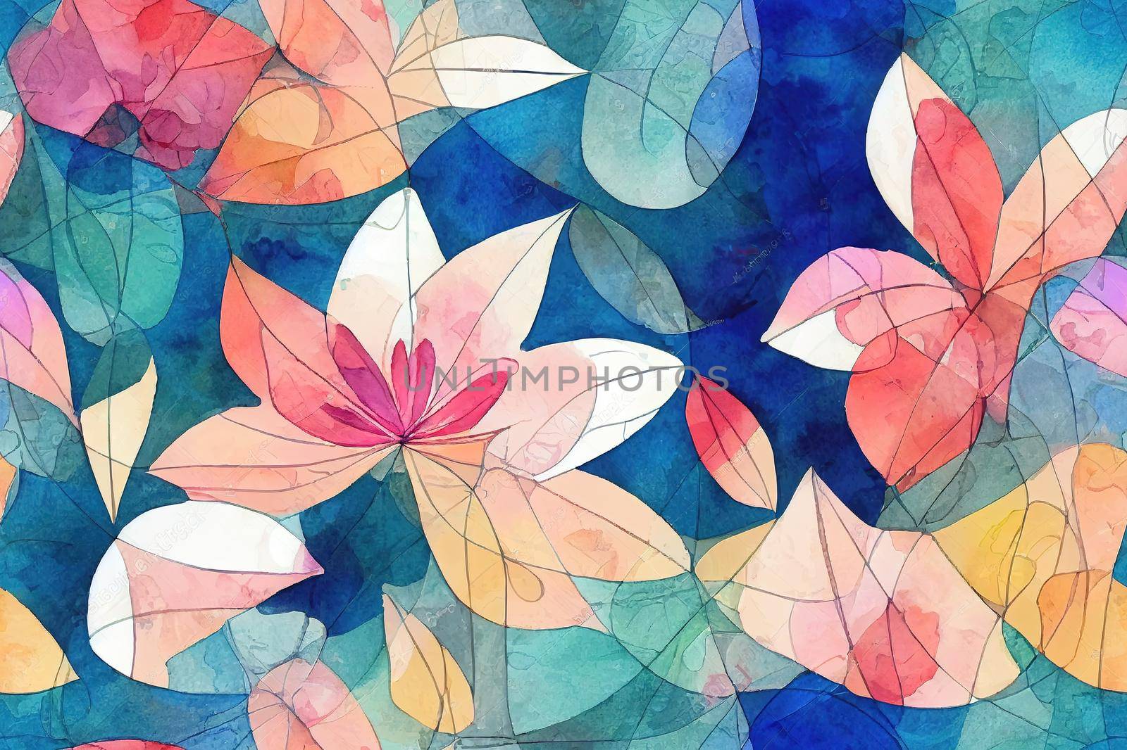 Abstract floral and geometric seamless pattern. Watercolor flowers and leaves, circle shapes filled with watercolour, minimal doodle textures on background. Hand painted illustration, fall design