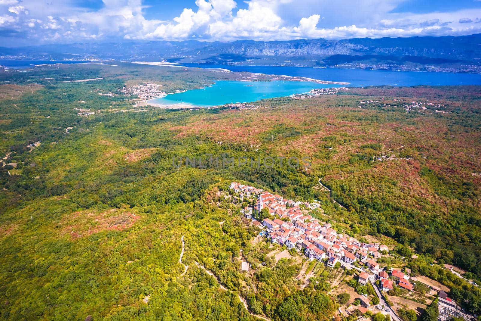 Historic town of Dobrinj and turquoise Soline bay aerial panoramic view by xbrchx