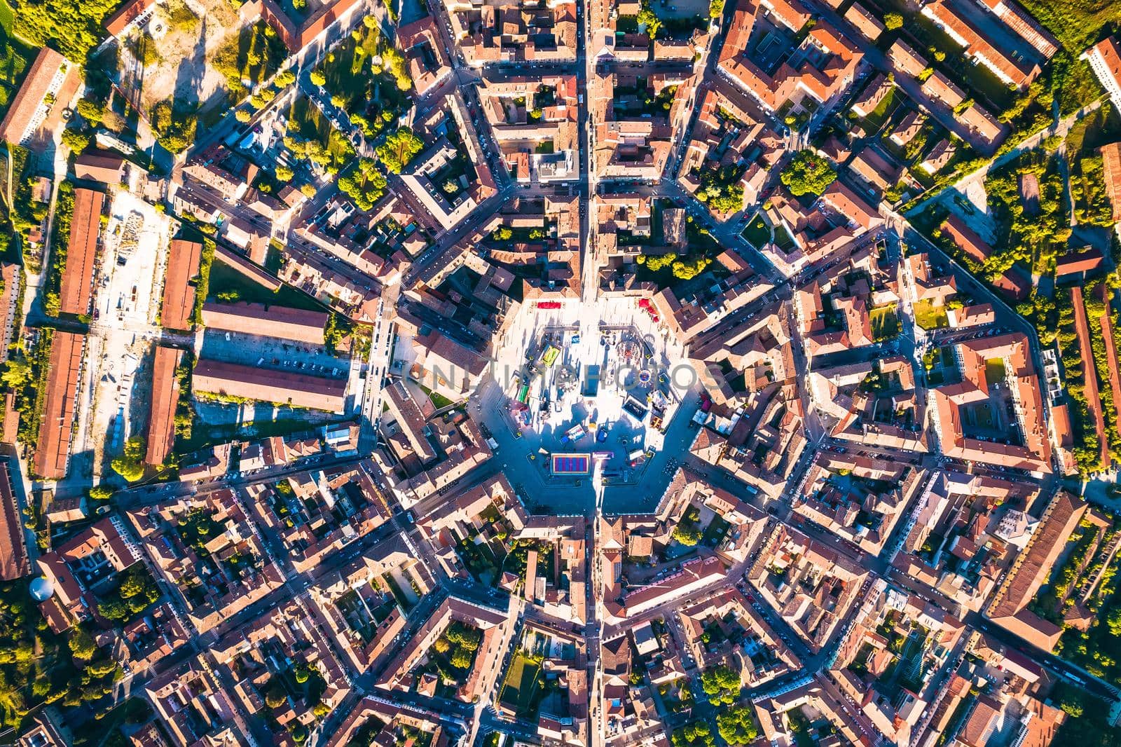 Town of Palmanova hexagonal square aerial view, UNESCO world heritage site in Friuli Venezia Giulia region of Italy