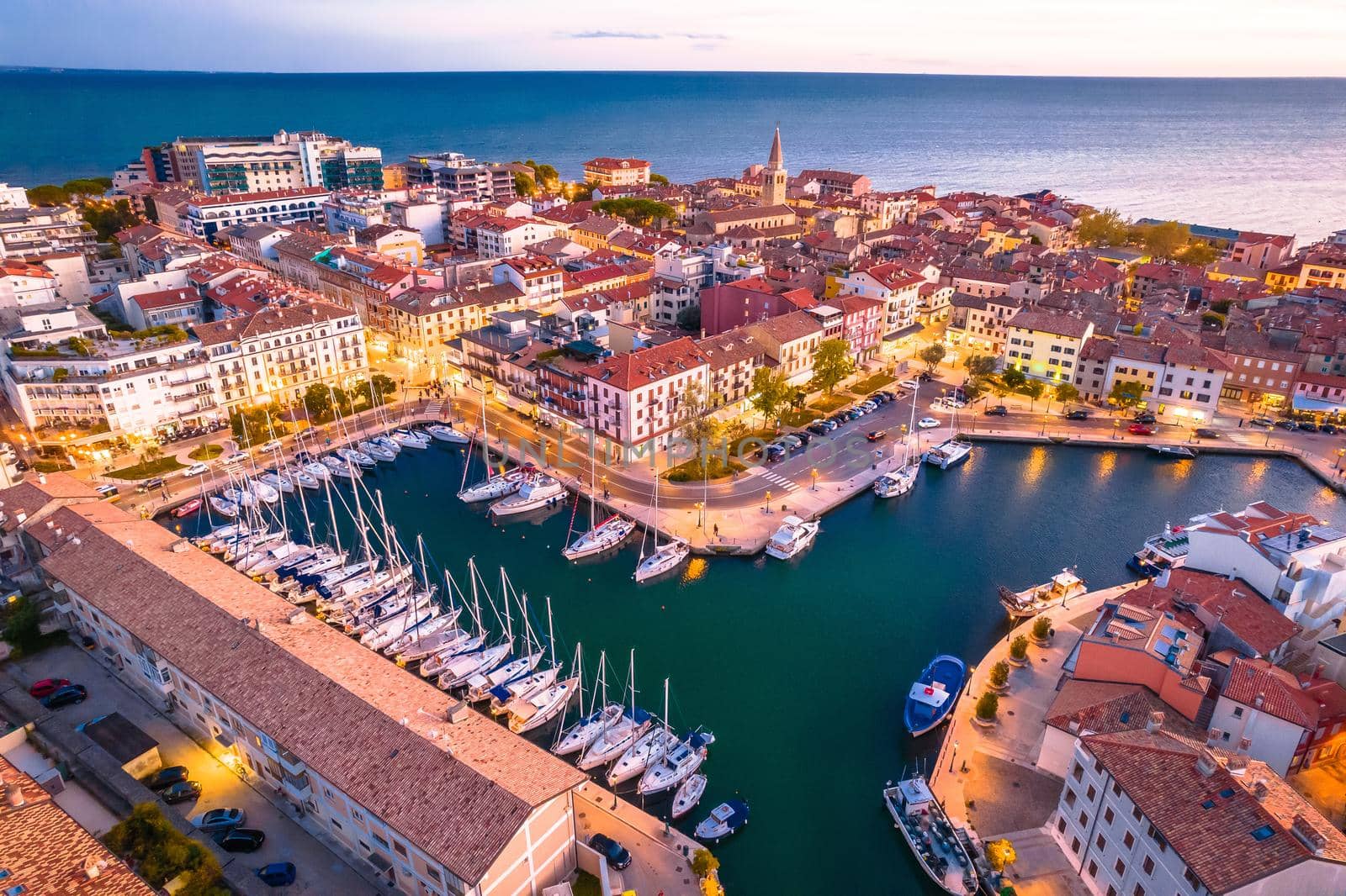 Town of Grado on Adriatic sea aerial evening view by xbrchx