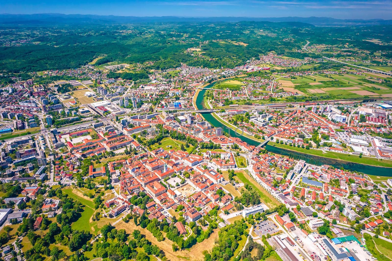 Town of Karlovac on four rivers aerial panoramic view, central Croatia
