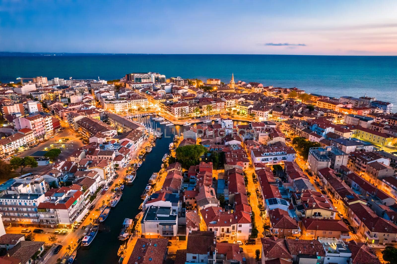 Town of Grado on Adriatic sea aerial evening view by xbrchx