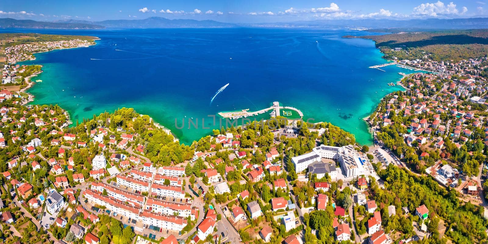 Aerial panoramic view of Malinska bay on Krk island, summer destination in Kvarner Gulf of Croatia