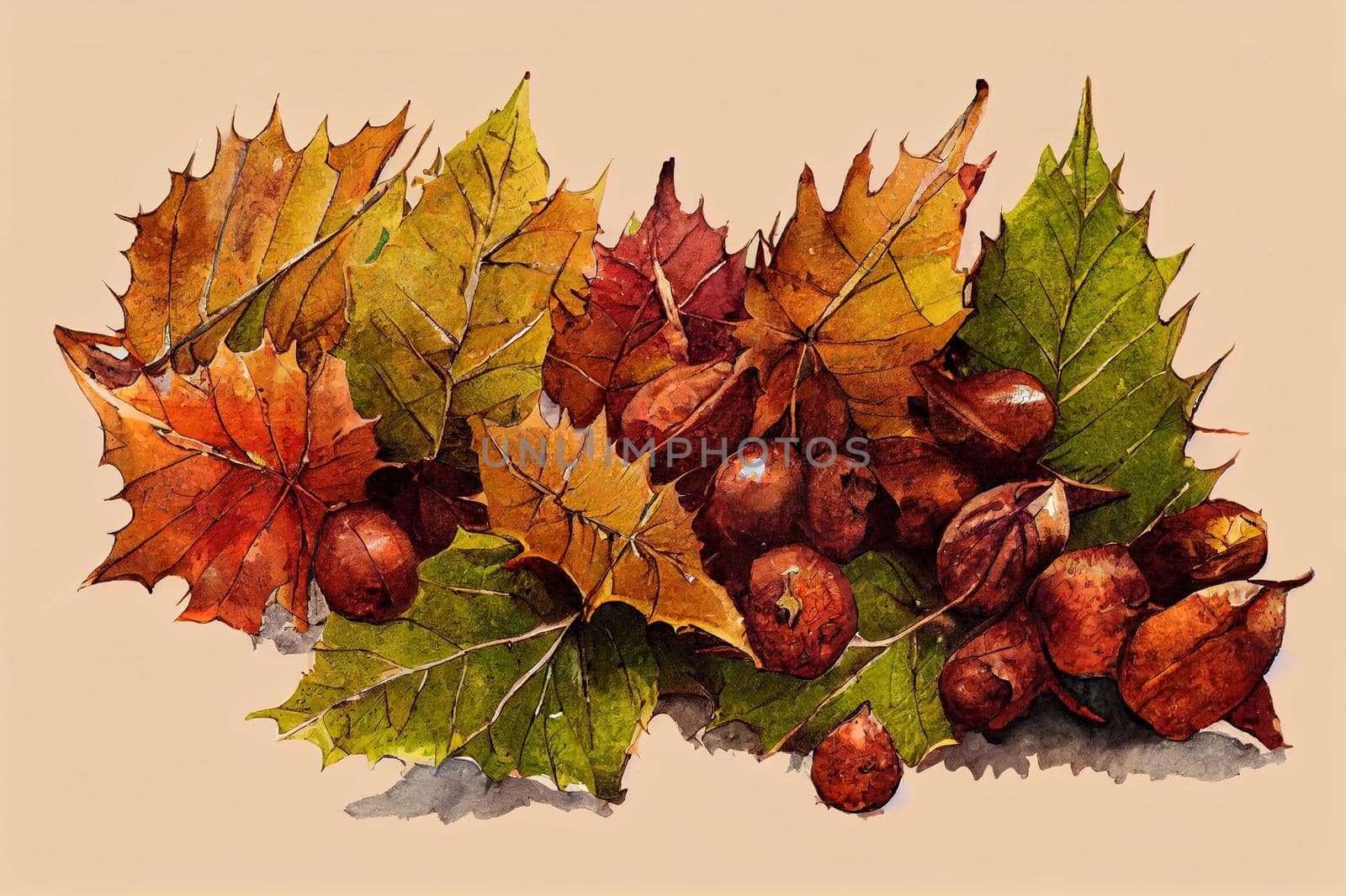 Autumn fallen chestnut leaves, brown chestnut seeds, round green spiky fruits in peel. autumn still life. Hand drawn watercolor illustration on white background for cards, print, banner, packaging.