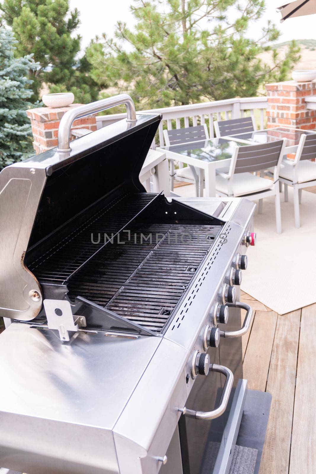 Outdoor six-burner gas grill on the back patio of a luxury single-family home.
