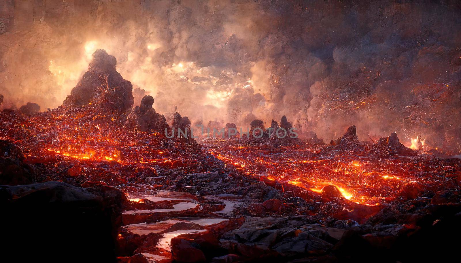 3D Render Molten Lava Texture Background. Lava was in the cracks of the earth to view the texture of the glow of volcanic magma in the cracks, the destroyed surface of the earth.