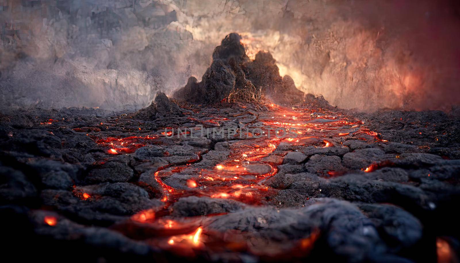 3D Render Molten Lava Texture Background. Lava was in the cracks of the earth to view the texture of the glow of volcanic magma in the cracks, the destroyed surface of the earth.