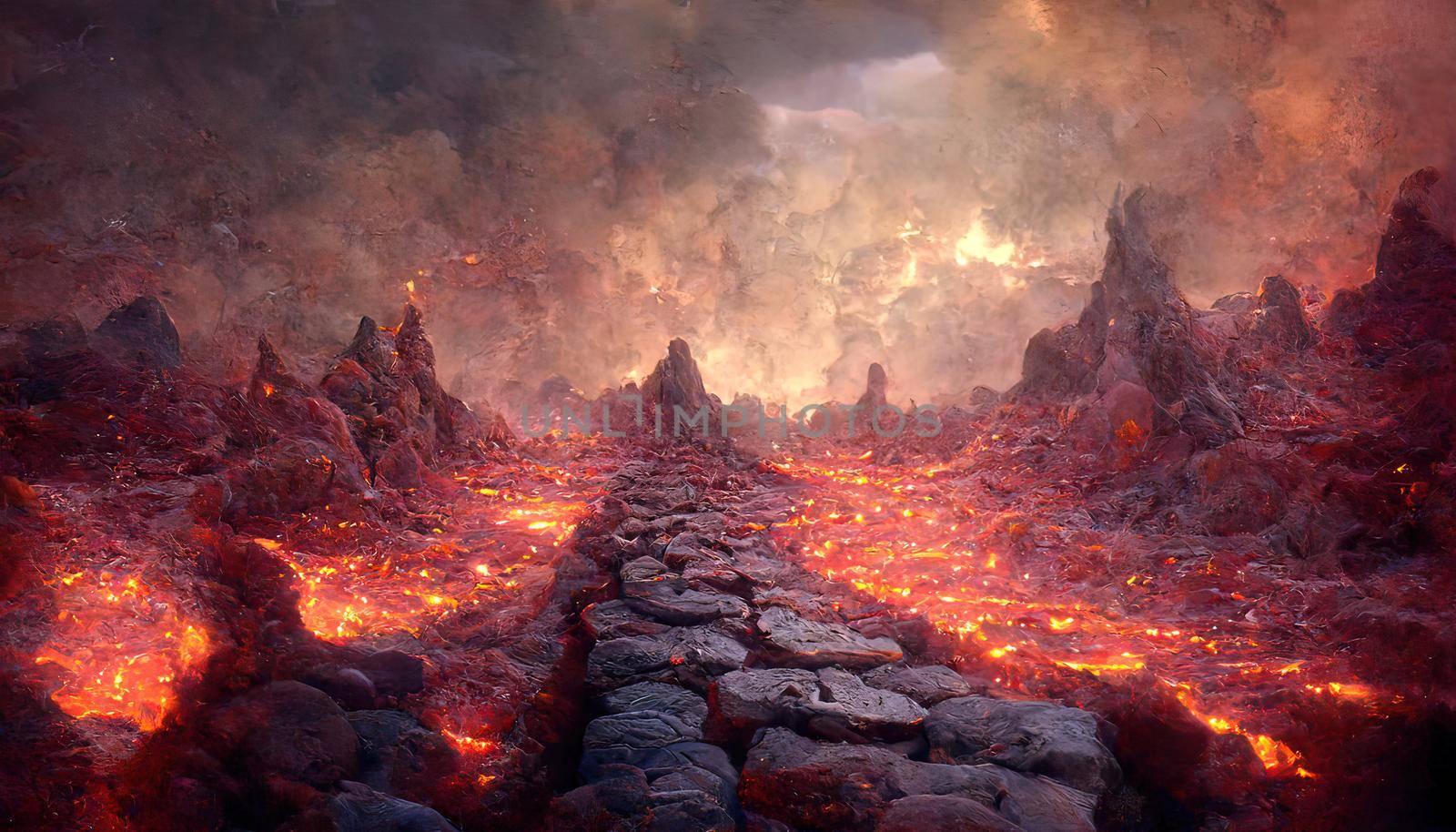 3D Render Molten Lava Texture Background. Lava was in the cracks of the earth to view the texture of the glow of volcanic magma in the cracks, the destroyed surface of the earth.