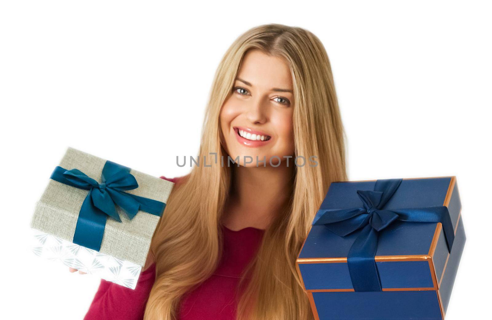 Birthday, Christmas gifts or holiday present, happy woman holding gift boxes isolated on white background by Anneleven