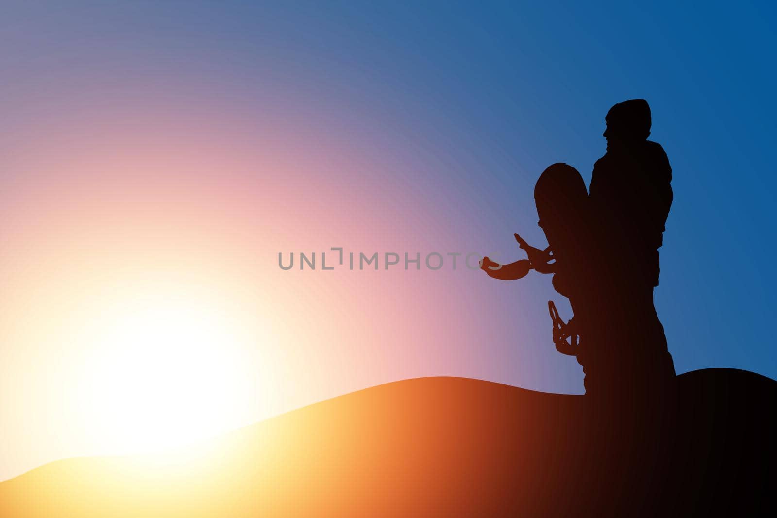 Snowboarders female silhouette with snowboard on sunset backdrop. Space for text. Snowboarding or skiing concept. by Andelov13