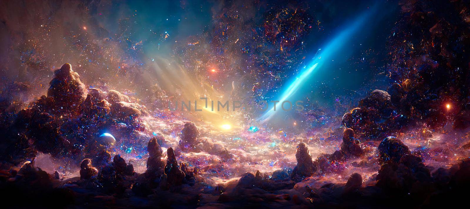 illustration on the theme Travel in space with stars and nebulae of the universe by TRMK