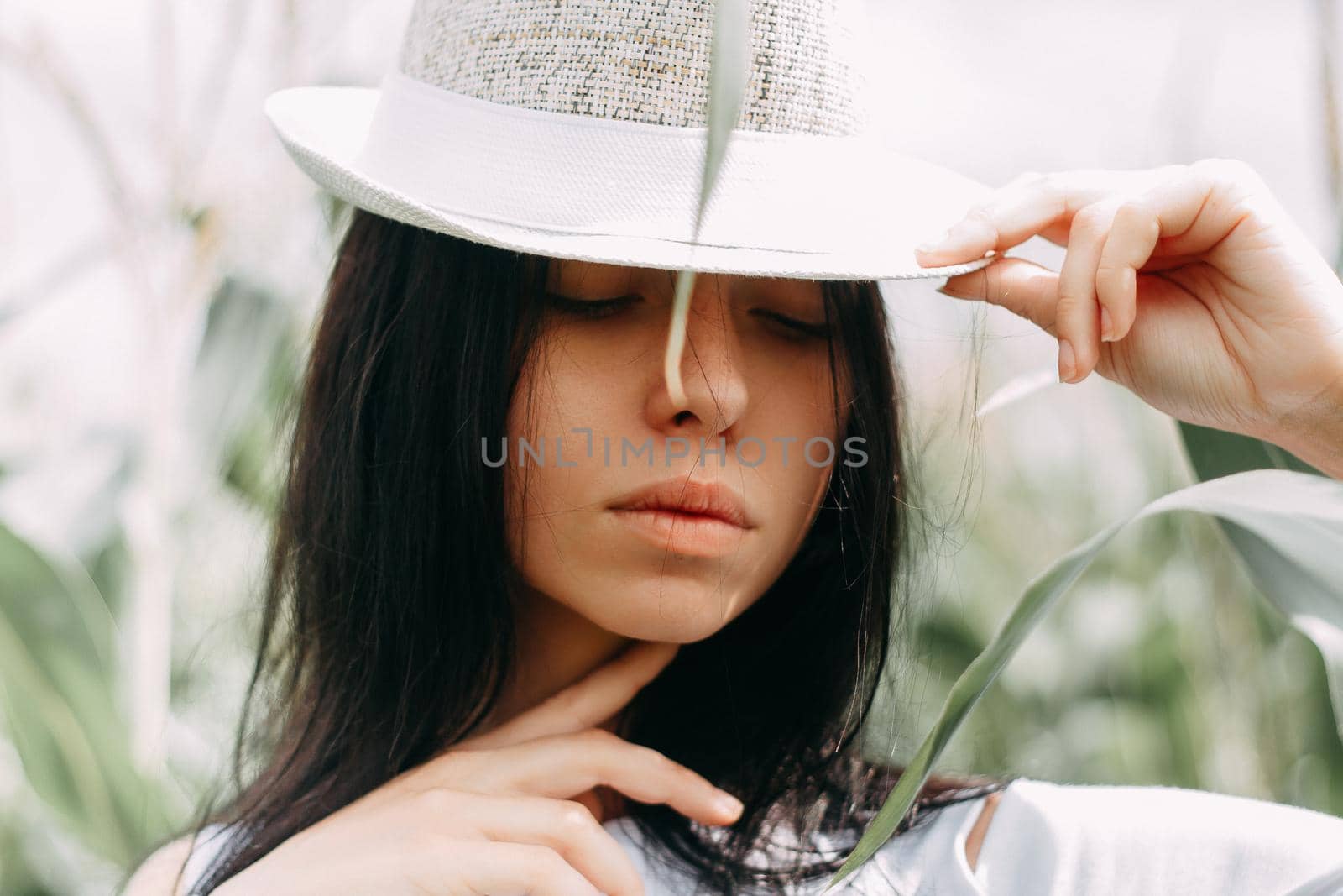 A brunette girl in a white dress in a cornfield. The concept of harvesting.