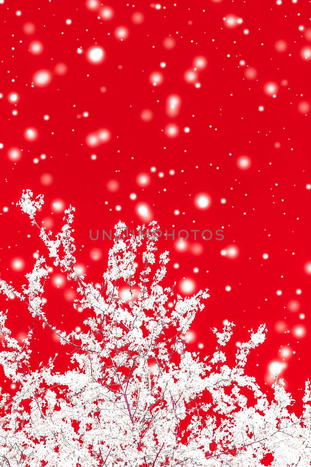 Branding, magic and festive concept - Christmas, New Years red floral background, holiday card design, flower tree and snow glitter as winter season sale promotion backdrop for luxury beauty brand