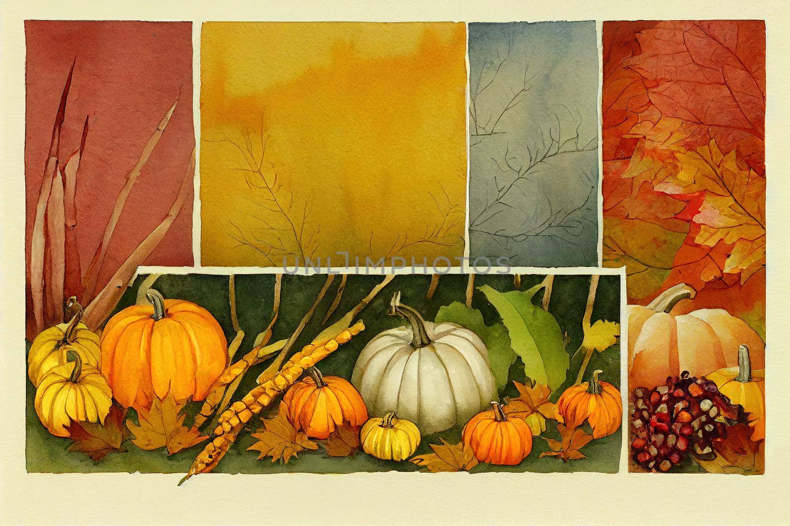 Autumn composition. Watercolor illustration. Hand drawn border of pumpkins, sunflowers, corn stalks, twigs and berries. Fall, harvest