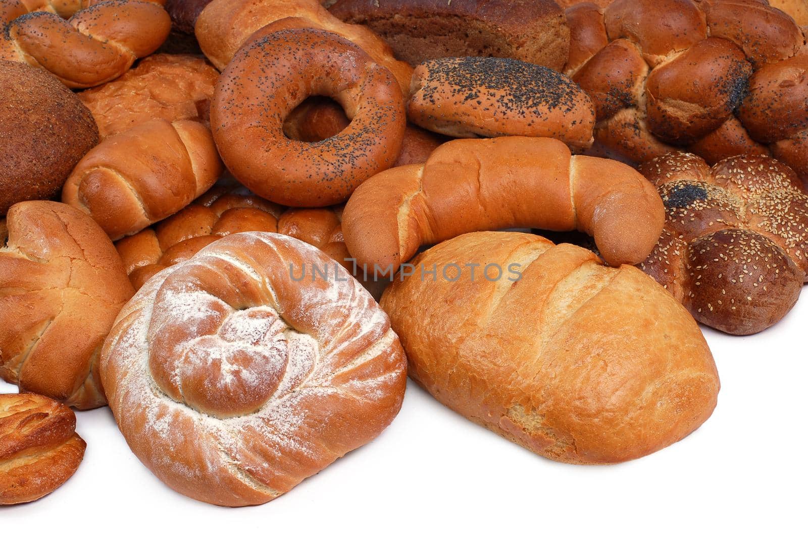 assorted breads isolated on a white background.