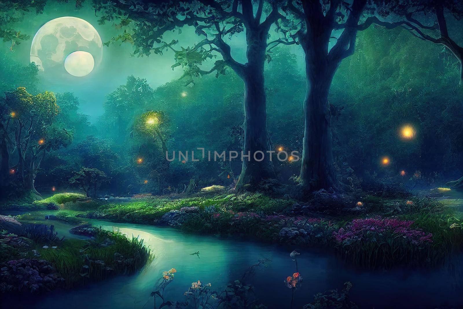 Fantasy magical enchanted fairy tale landscape with forest lake, fabulous fairytale garden. mysterious blue background and glowing moon ray in night