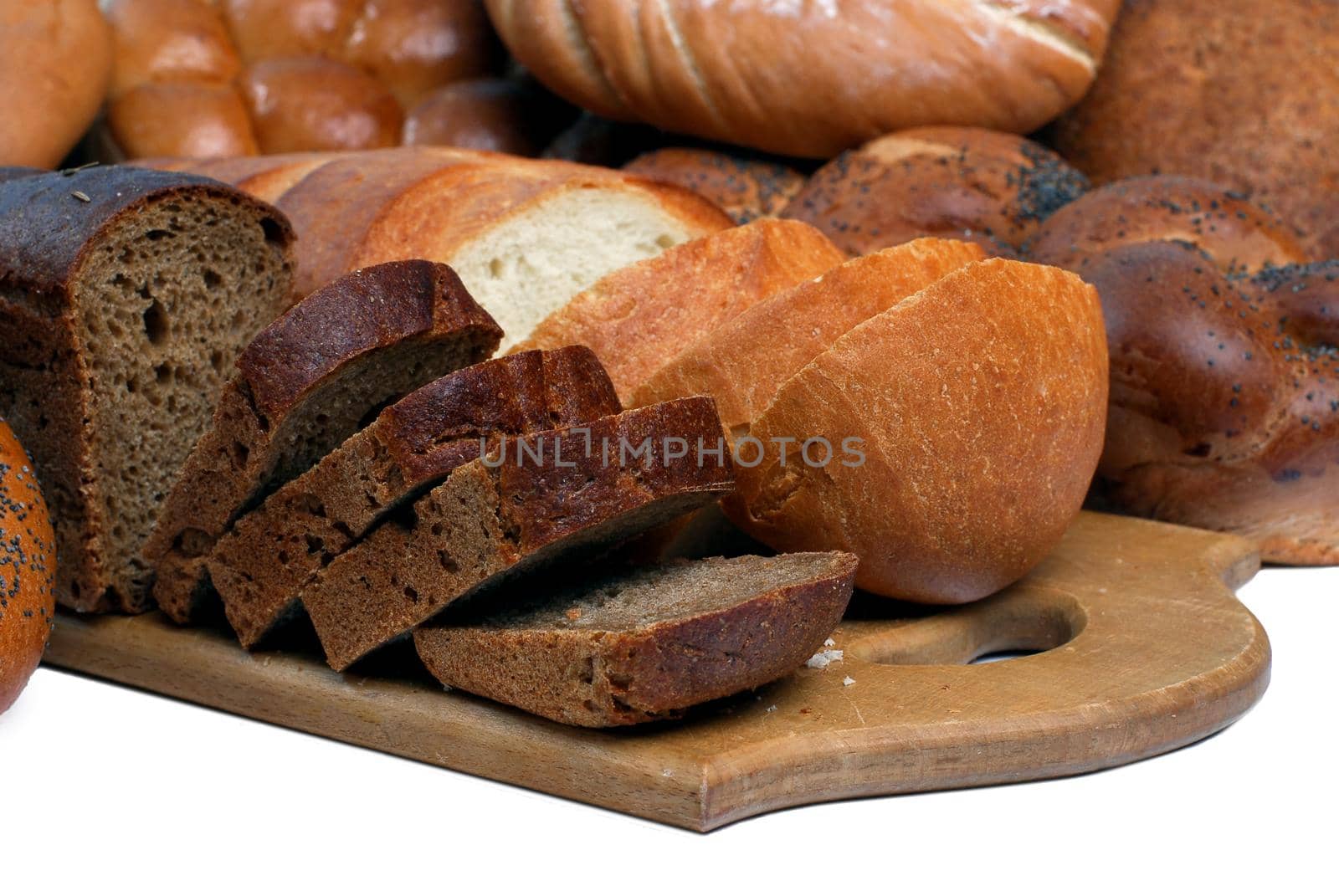 assorted breads isolated on a white background.