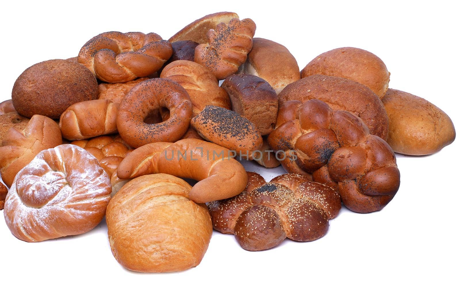 assorted breads isolated on a white background.