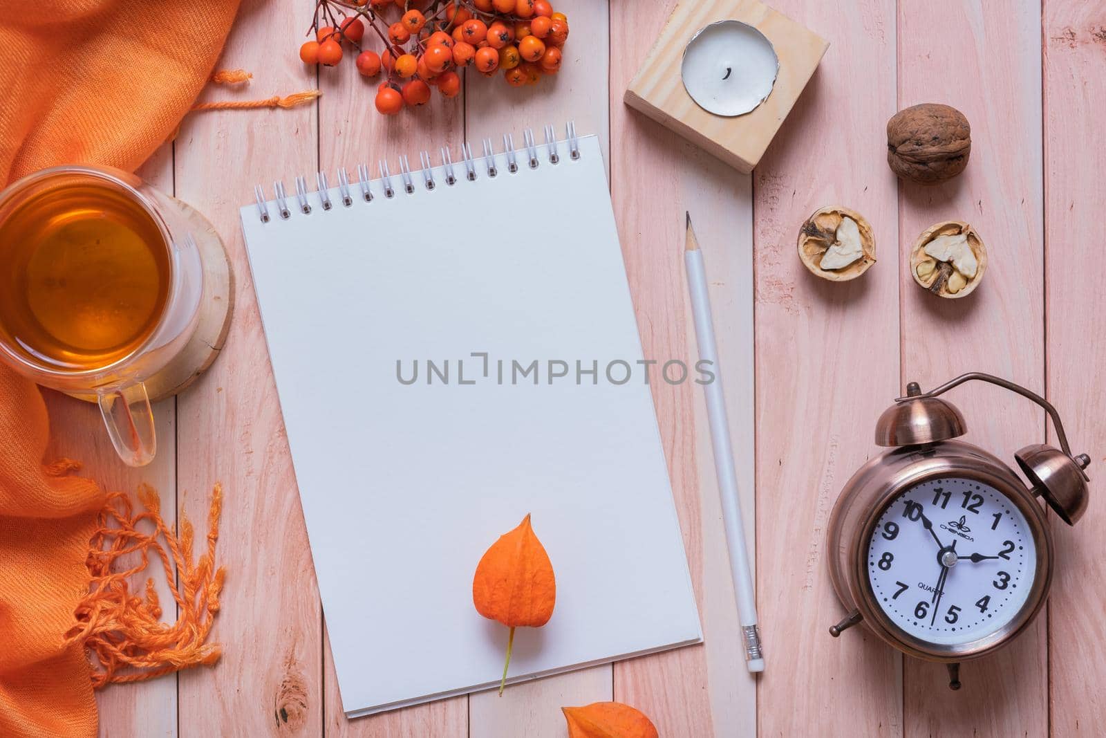 Blank sheet of paper and autumn cozy decor top view. Copy space for autumn text by ssvimaliss