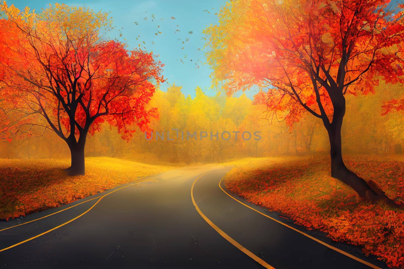 Autumn natural background, design, banner or template. Yellow and red maple leaves are flying and falling down. Autumnal landscape.