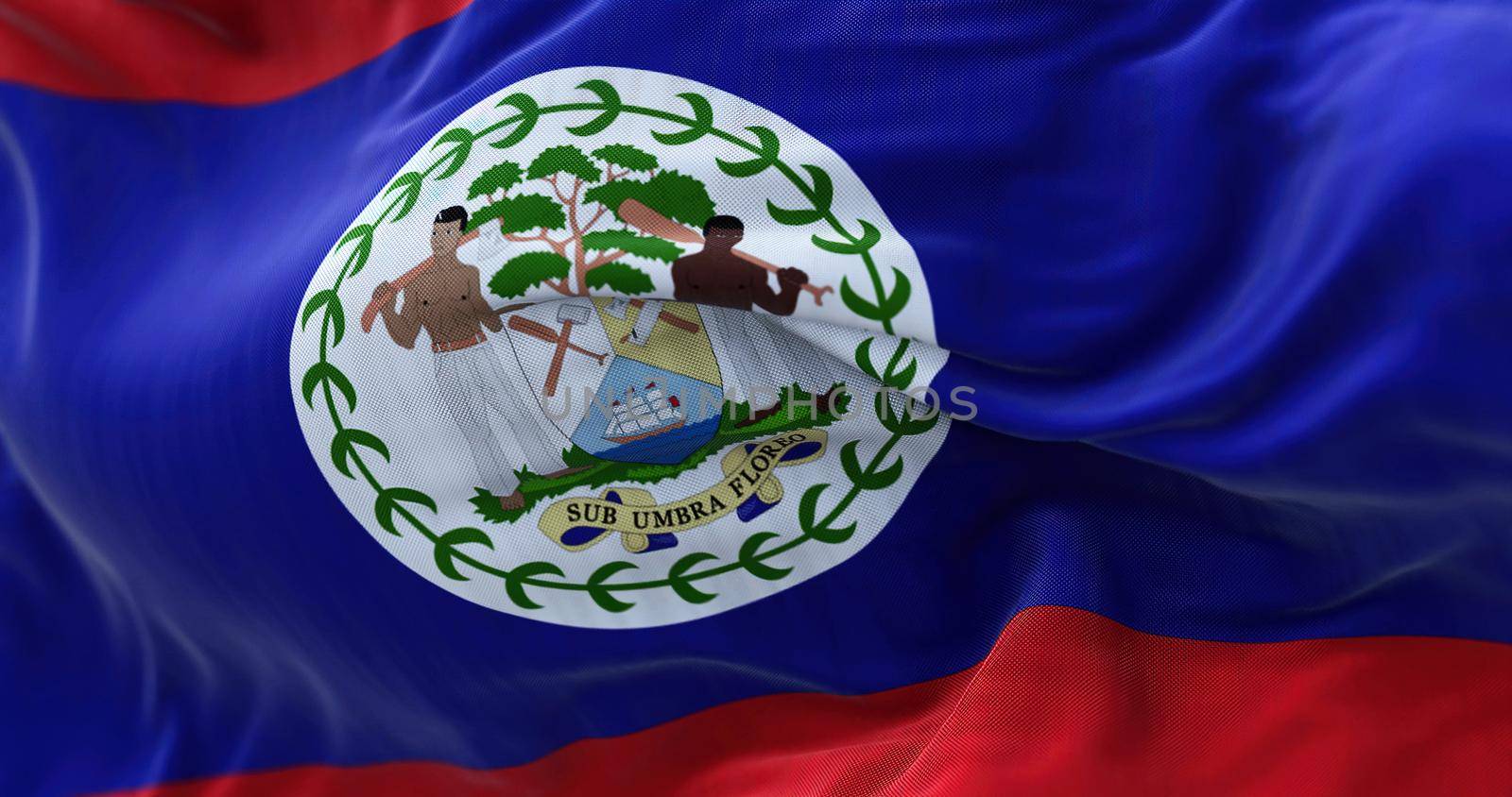 Close-up view of the Belize national flag waving in the wind. Belize is a Caribbean country on the northeastern coast of Central America. Fabric textured background. Selective focus
