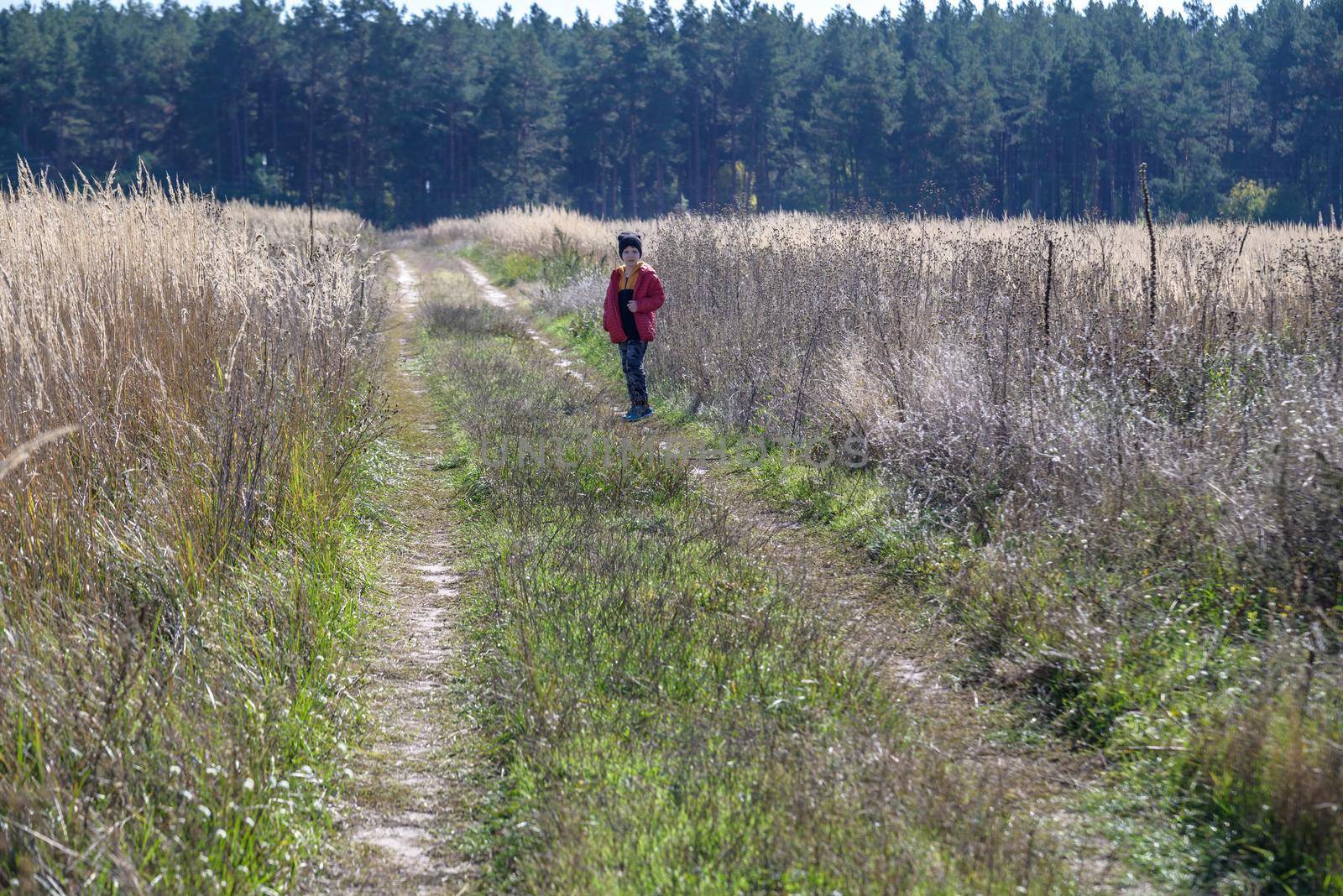 Young boy playing in a field. boy running across the field with his hands in different directions. children fun games. nature leisure with children concept.