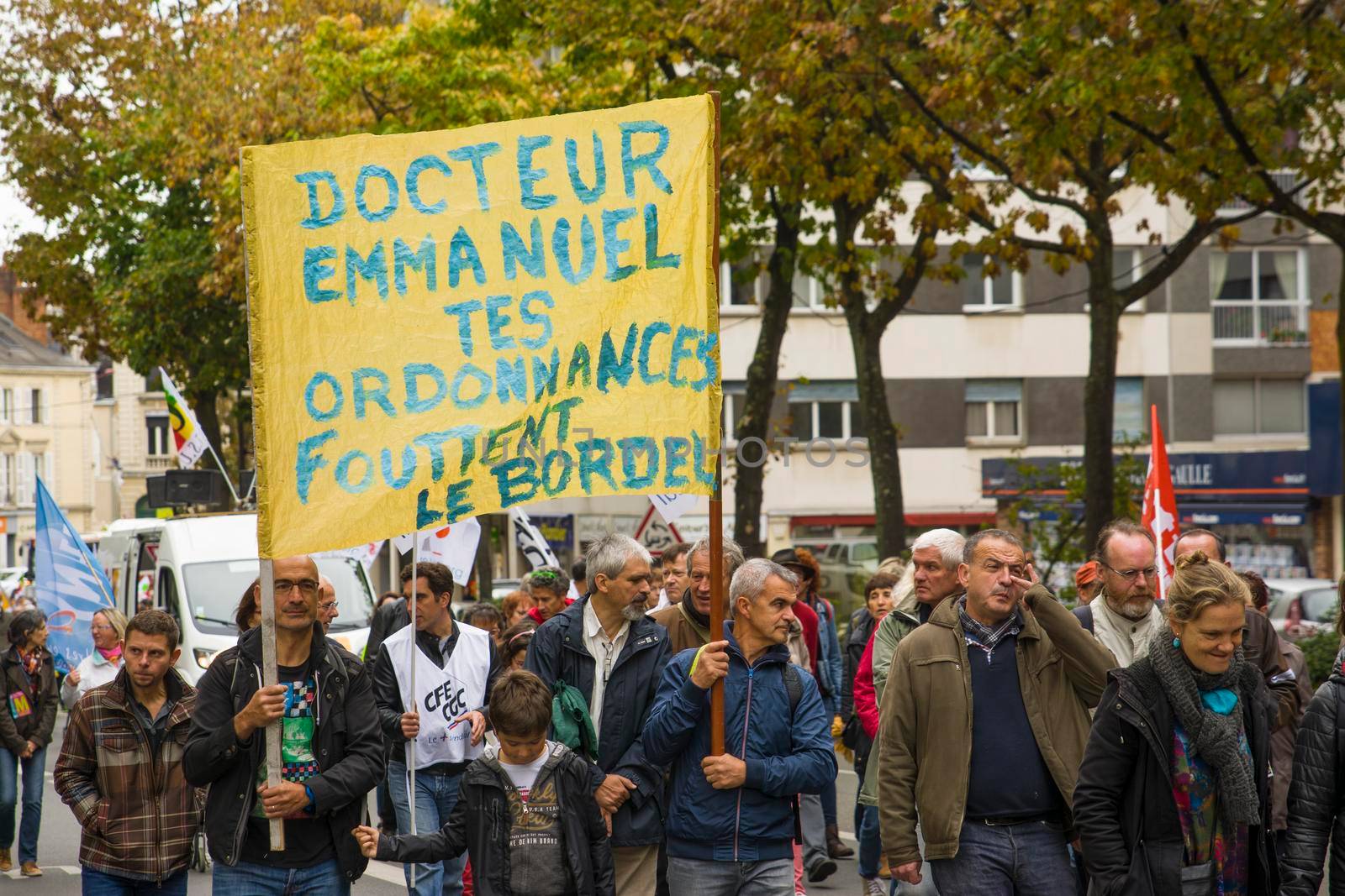 LE MANS, FRANCE - OCTOBER 10, 2017: People demonstrate during a strike against new laws of healf care system of a president of France Emmanuel Macron