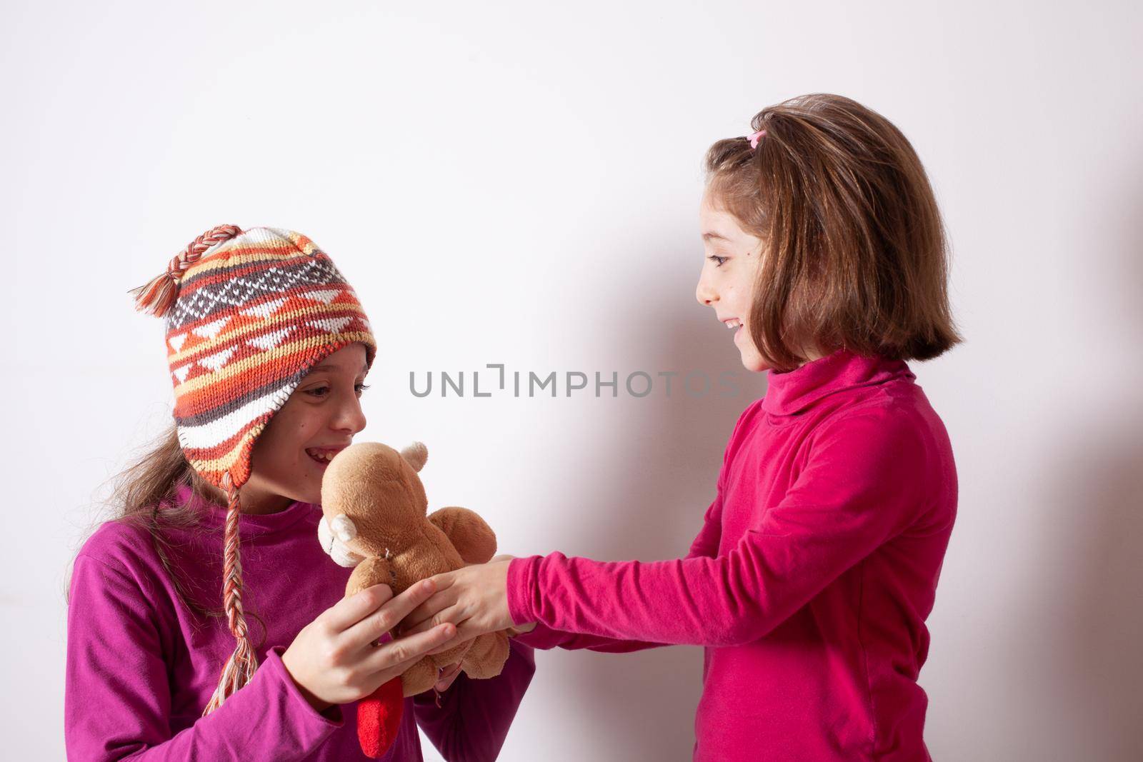 Little girl giving her teddy bear toy to older sister. Cute child girl giving a gift to her sister. Child girl sharing a toy with a friend by bepsimage