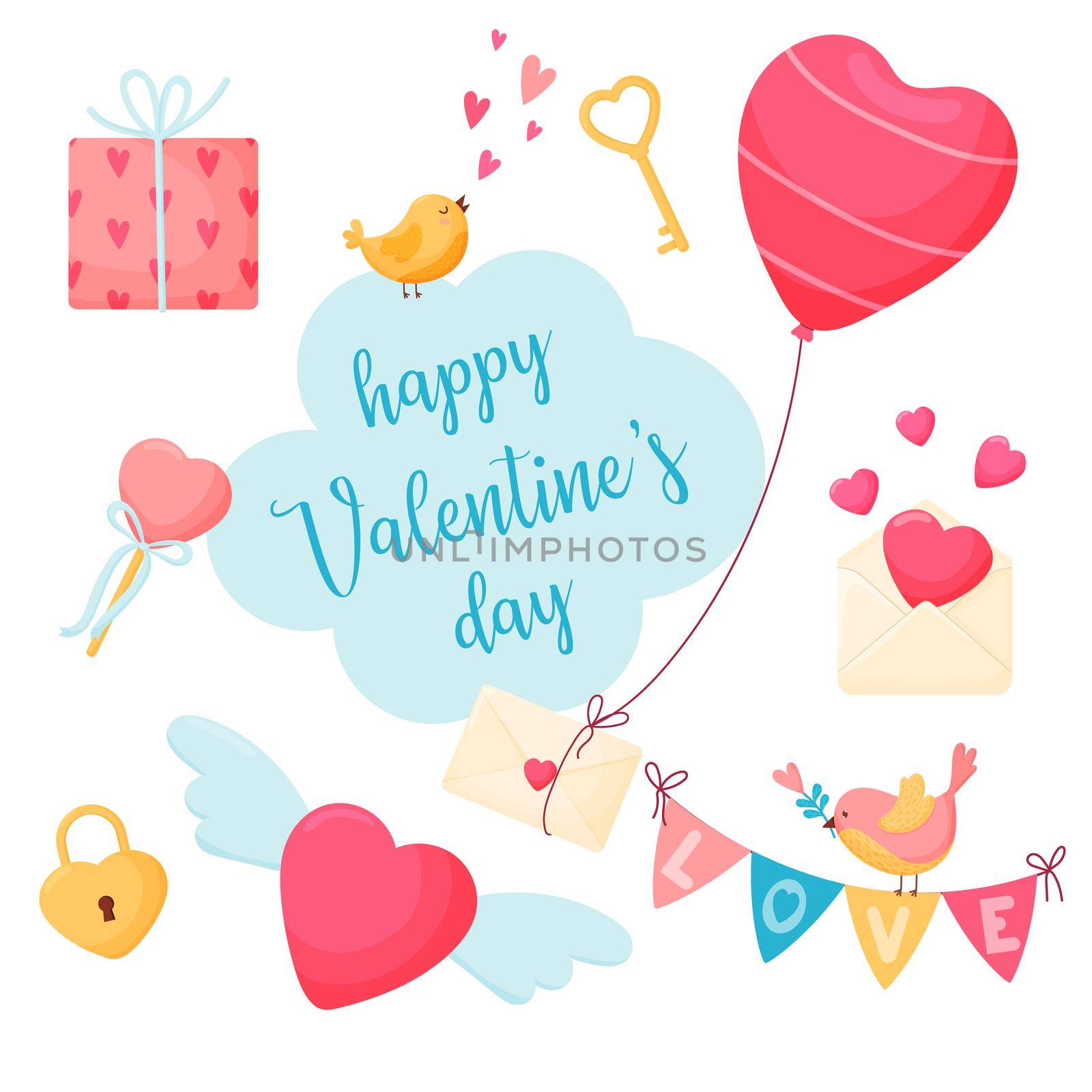 Set of cute Valentine day elements.. Envelopes, heart, birds, cloud, balloon, lollipop, lettering, key, lock, gift by Lena_Khmelniuk