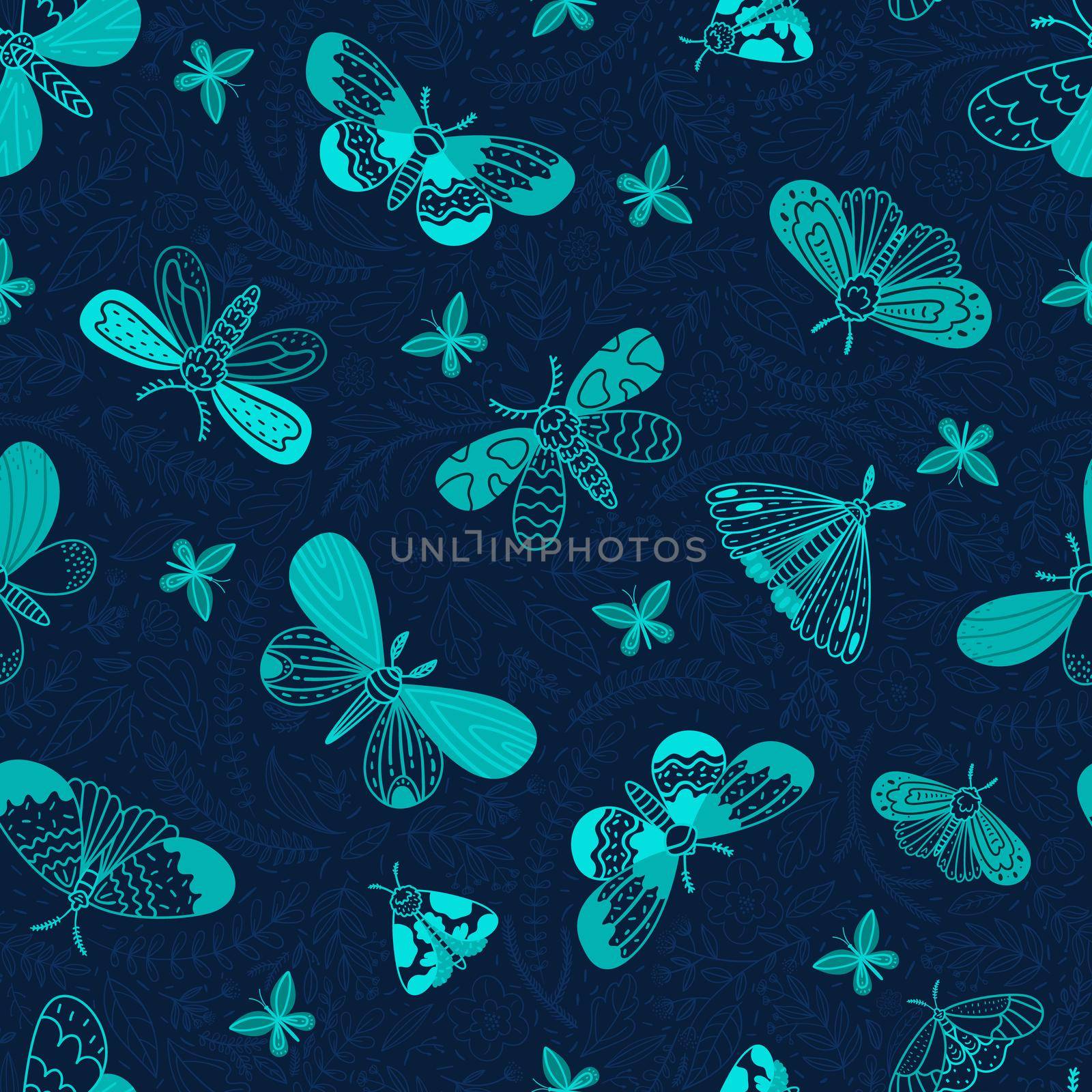 Night moths. Seamless pattern in doodle style. Night butterflies, leaves and flowers on a dark blue background. Vector illustration.