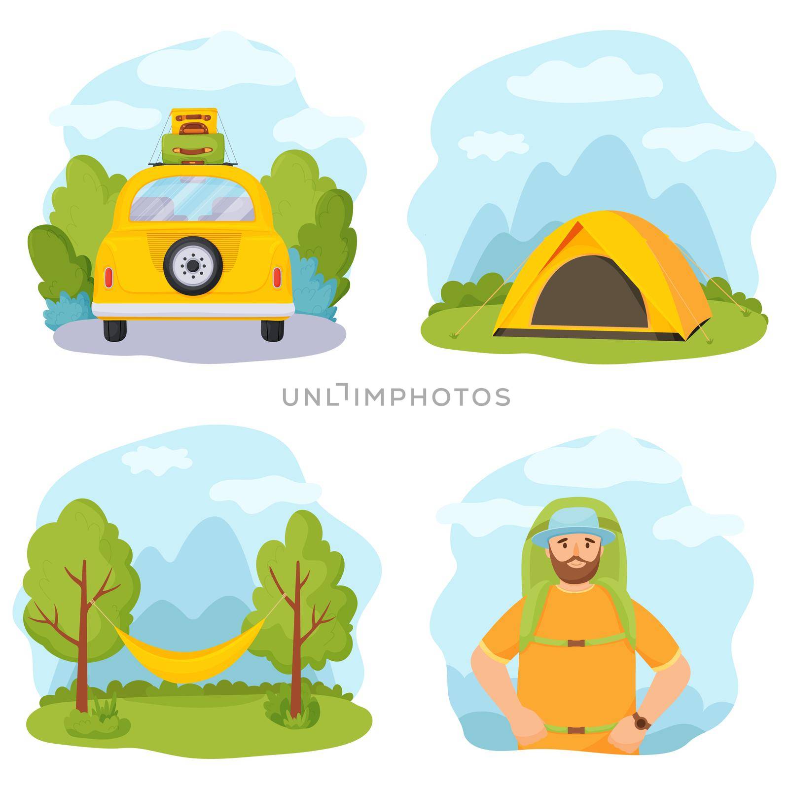 Summer holidays and tourism. Vector set of their four illustrations. Tourist tent, hammock, car with luggage and hiker.