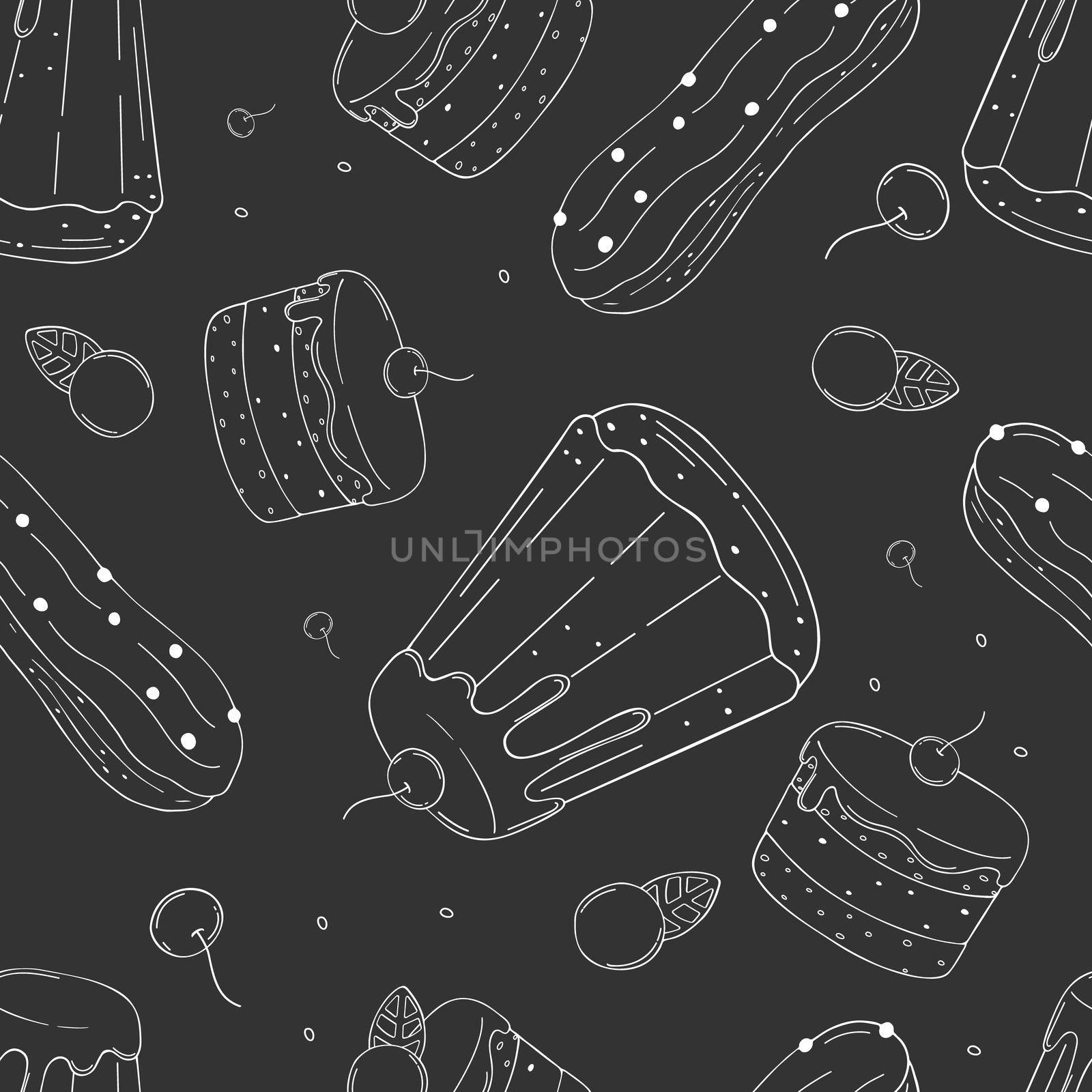 Seamless pattern of elements with hand drawn pastry on chalkboard background. by Lena_Khmelniuk