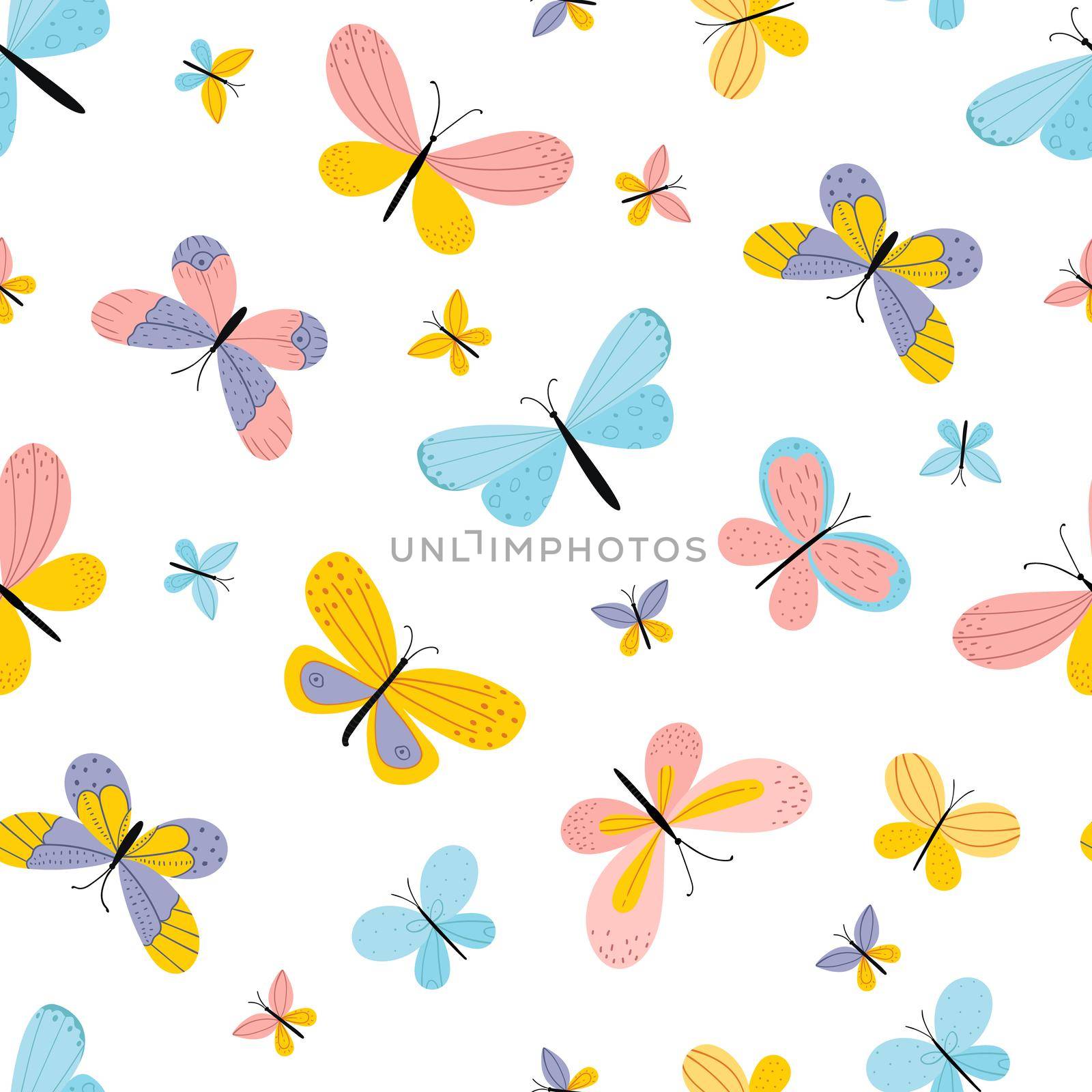 Hand drawn butterflies. Seamless pattern. Multi-colored butterflies on a white background