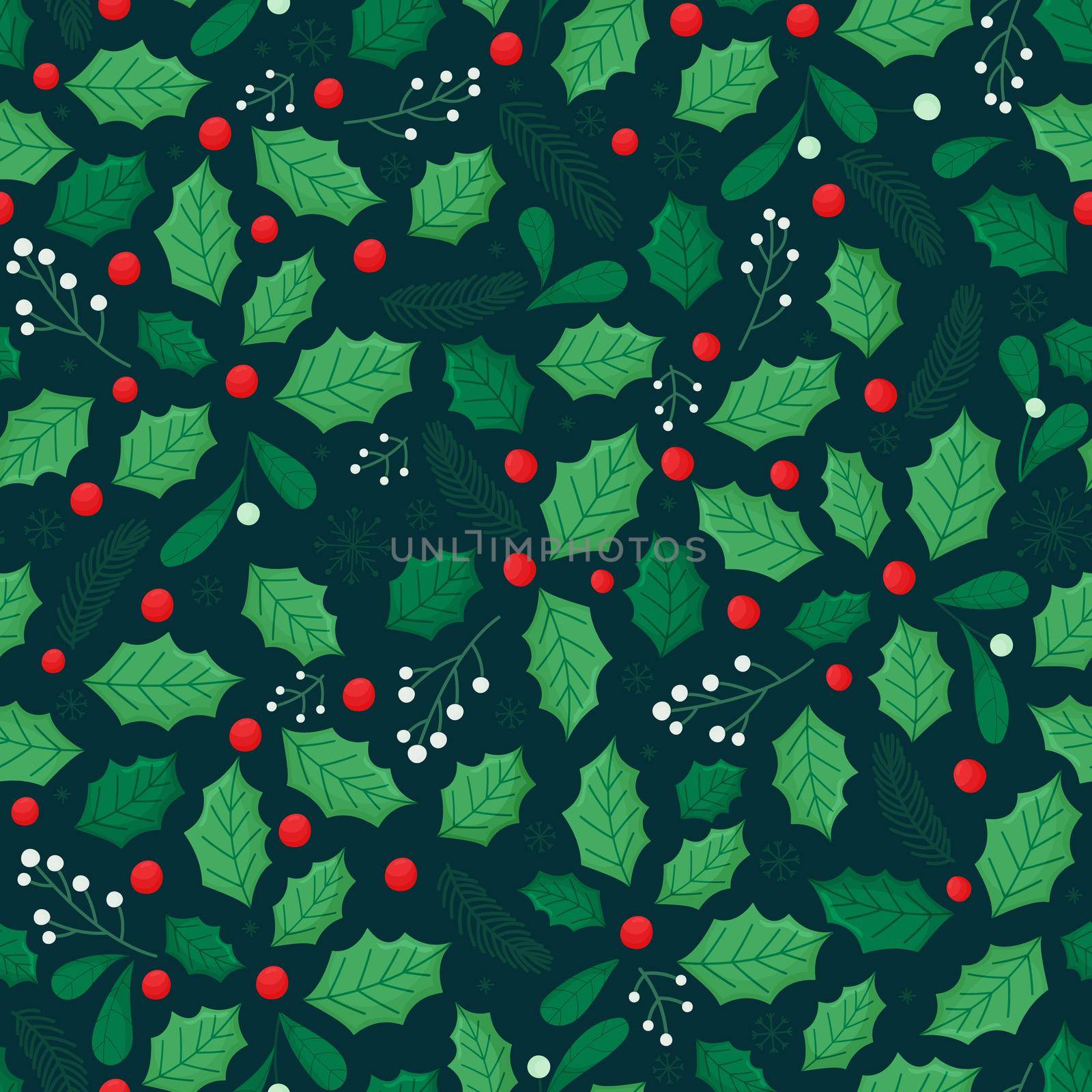 Seamless Christmas pattern with holly leaves, fir branches, green leaves and berries on a dark green background. Vector illustration.