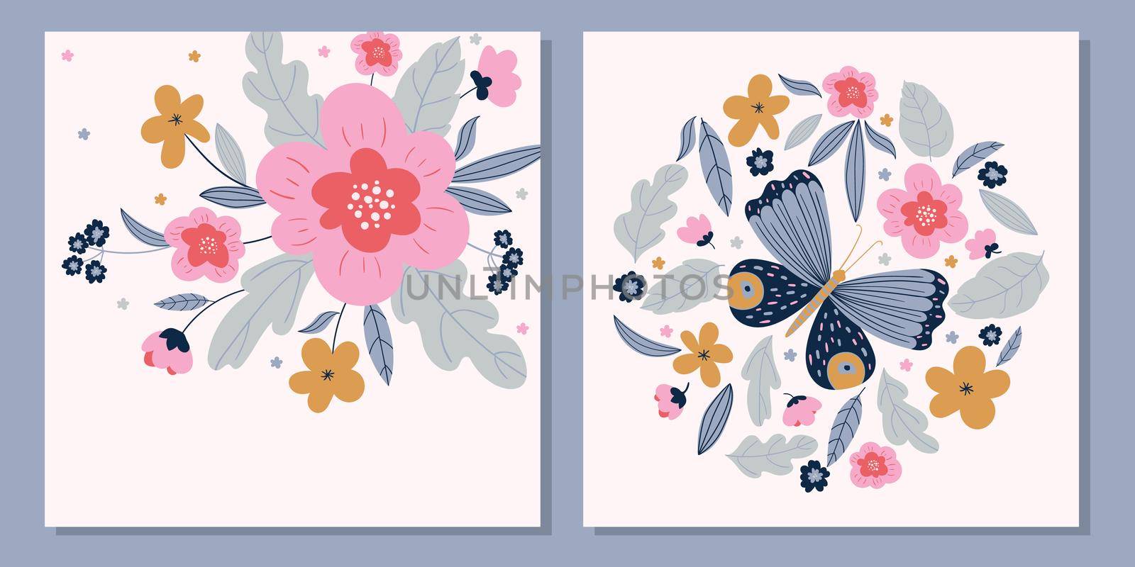 card template with flowers and butterfly on a light pink background vector illustrtion