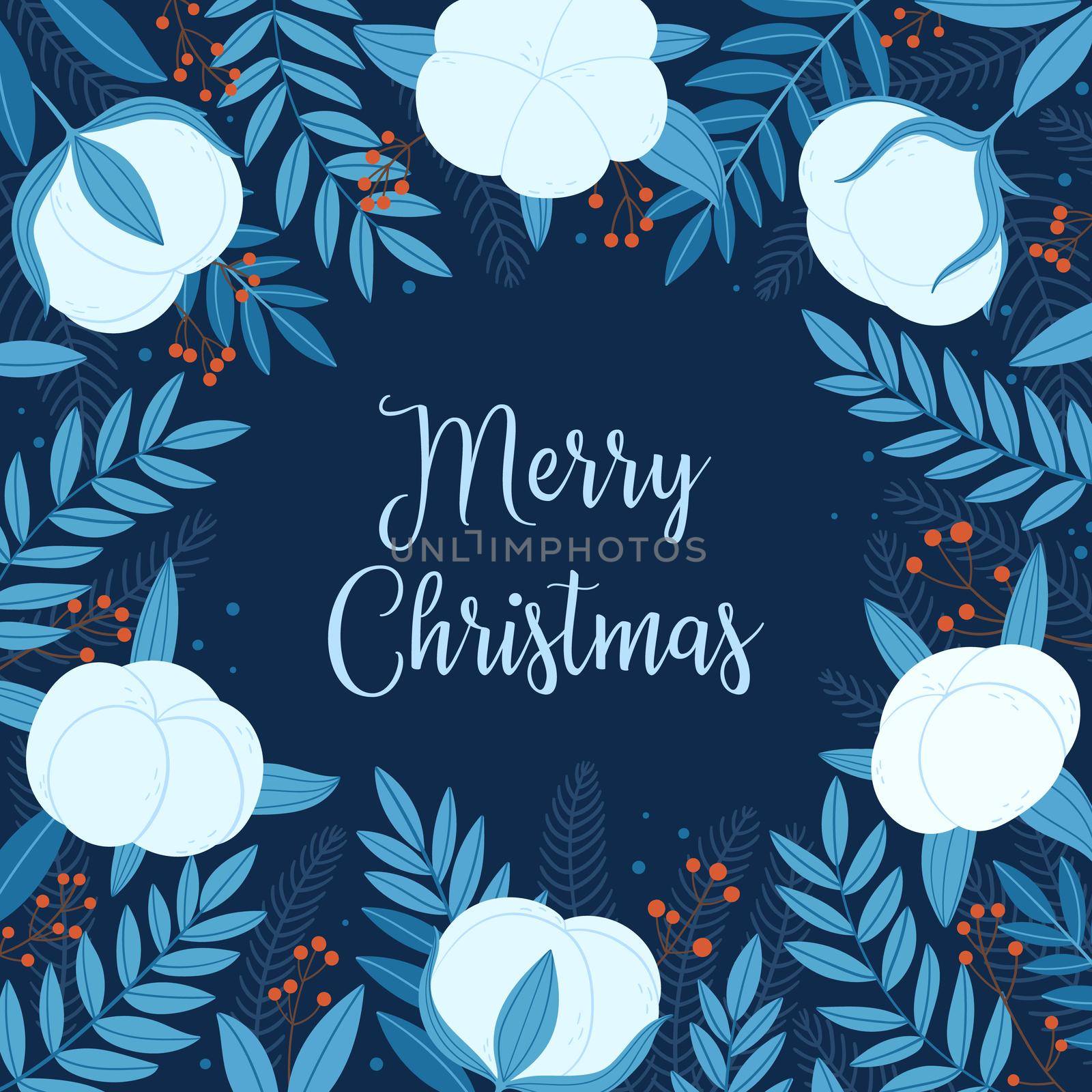 Merry Christmas. Festive card with cotton twigs, fir branches, leaves and berries. Vector illustration on a dark blue background.