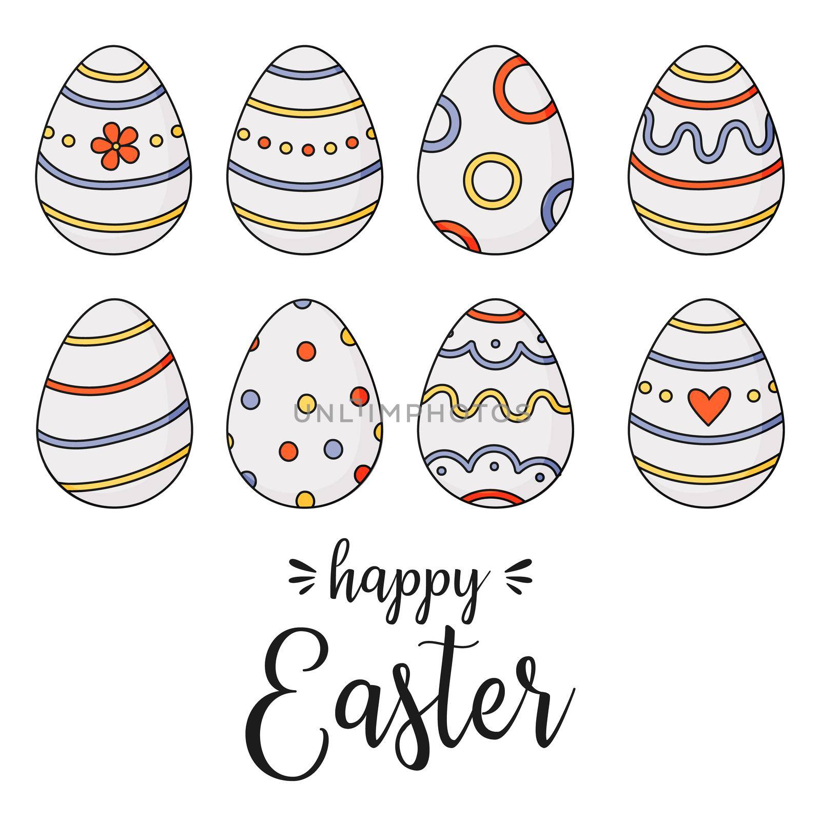 Happy easter lettering. Doodle easter eggs with stripes, dots, leaves. by Lena_Khmelniuk