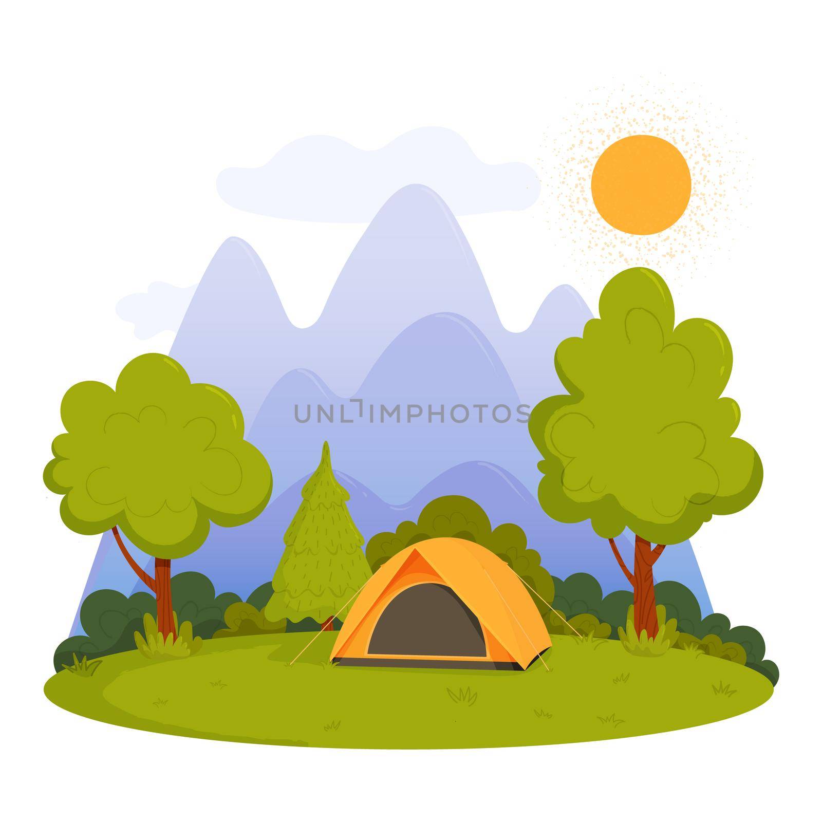 Summer camping. Sunny day landscape with a tent, mountains, forest and sun. Vector illustration in cartoon style for summer camp, nature tourism, camping