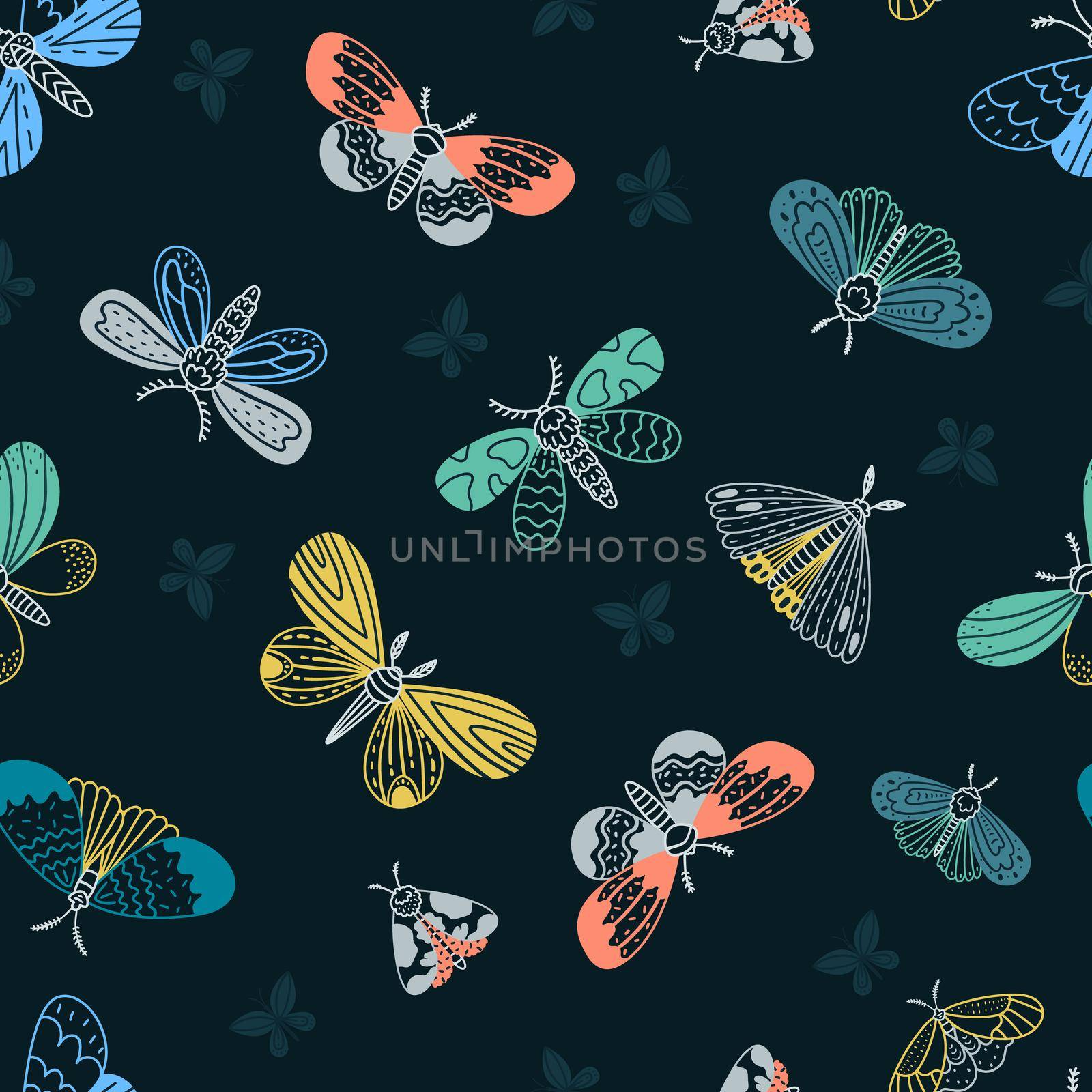 Night moths. Seamless vector pattern. Multi-colored night butterflies on a dark blue background.