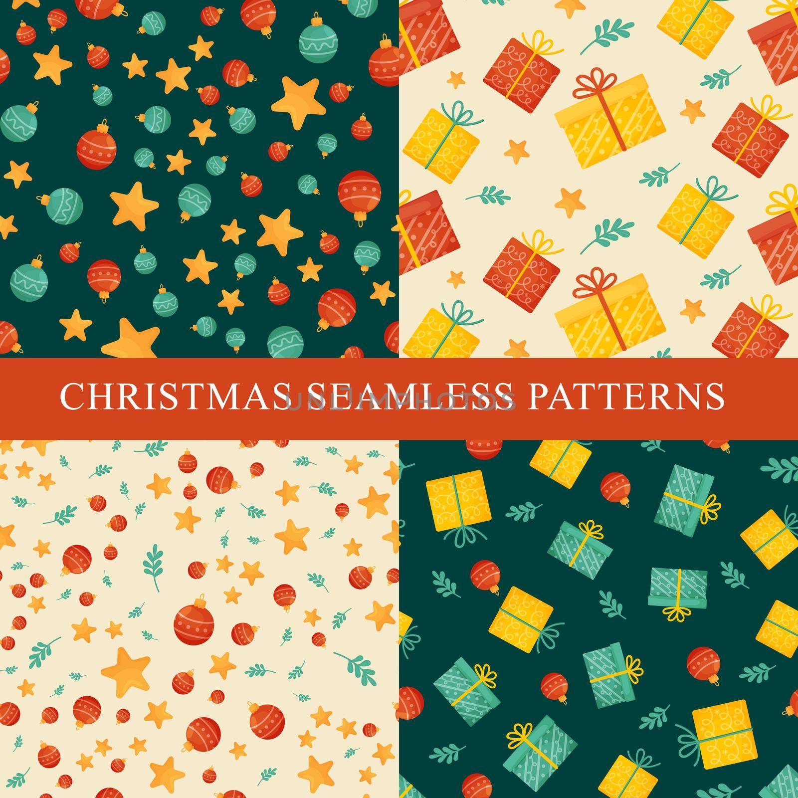 4 christmas seamless patterns in retro style. Endless texture for wallpaper, web page background, wrapping paper, etc. Vector illustration.