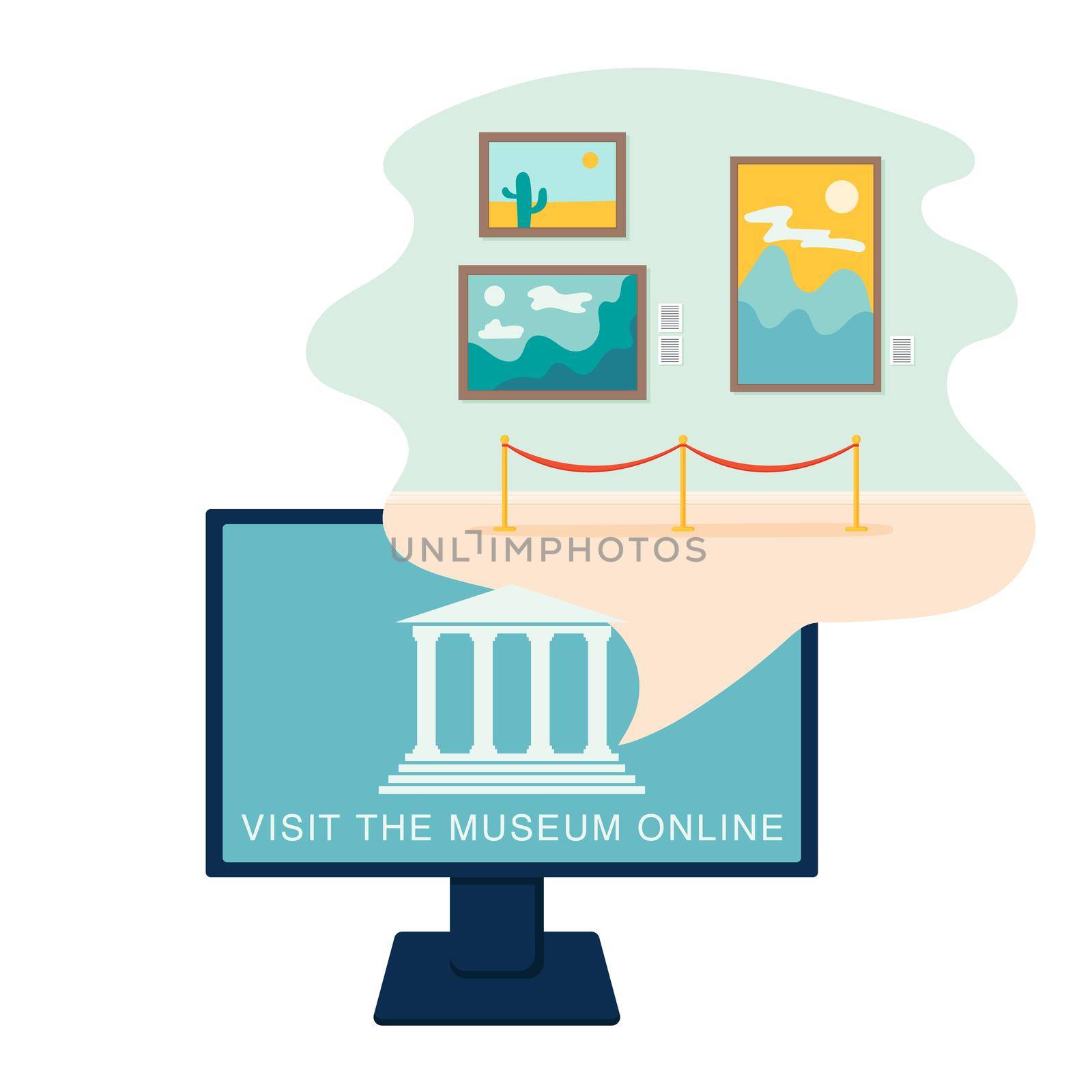 Online museum concept in flat style. Vector design. Virtual gallery, excursion. Vector illustration isolated on white background.