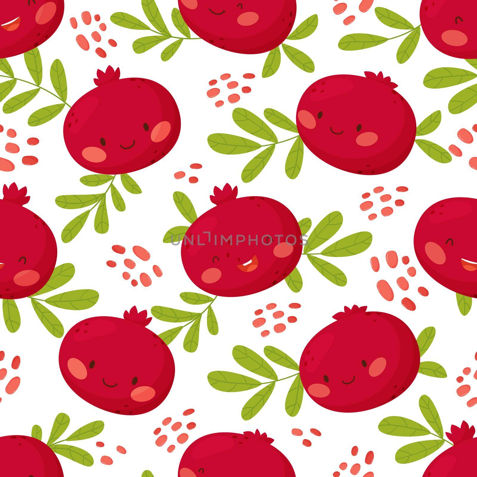 Seamless pattern with cute pomegranates and leaves. Organic healthy fruits background. by Lena_Khmelniuk