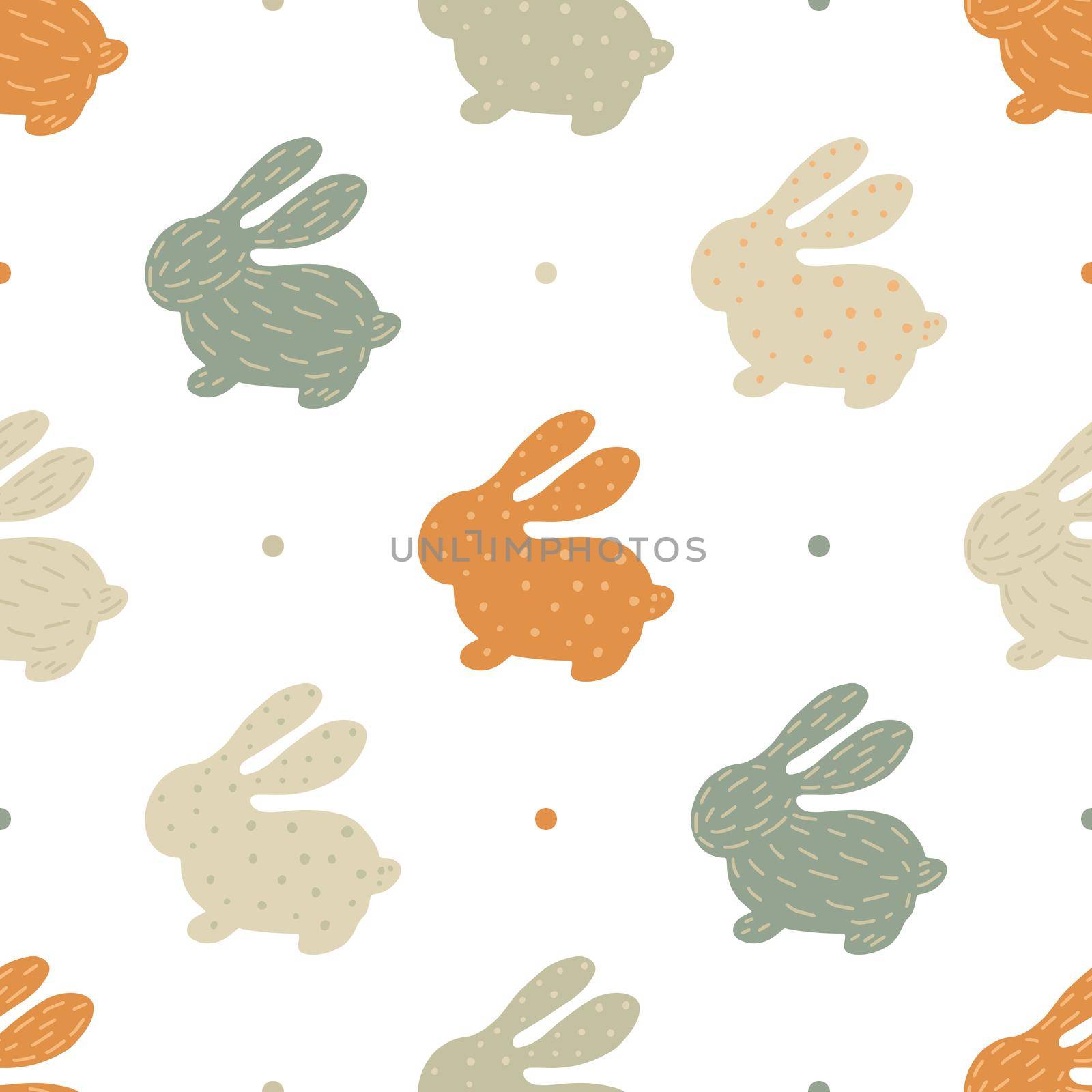 Childish vector seamless pattern with handmade rabbits in Scandinavian style on a white background. by Lena_Khmelniuk