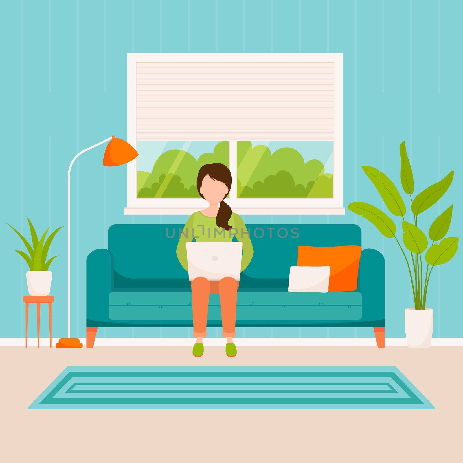 woman with a laptop working or studying at home sitting on a sofa in the living room. Vector illustration flat style.