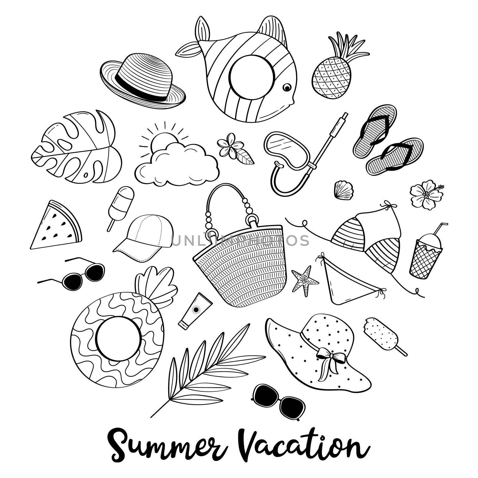 Set of hand drawn summer beach items. Black sketch in the shape of a circle on a white background. Vector illustration